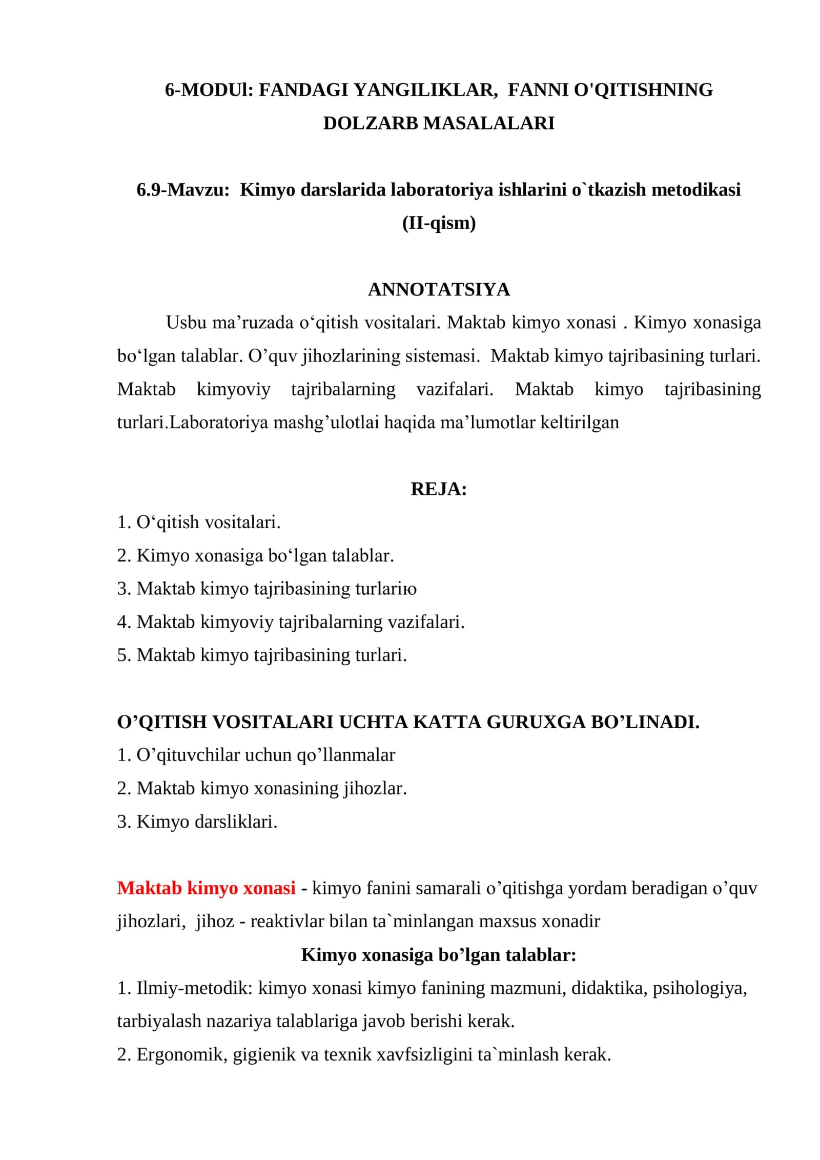 Kimyo darslarida laboratoriya ishlarini o`tkazish metodikasi (II-qism) 1