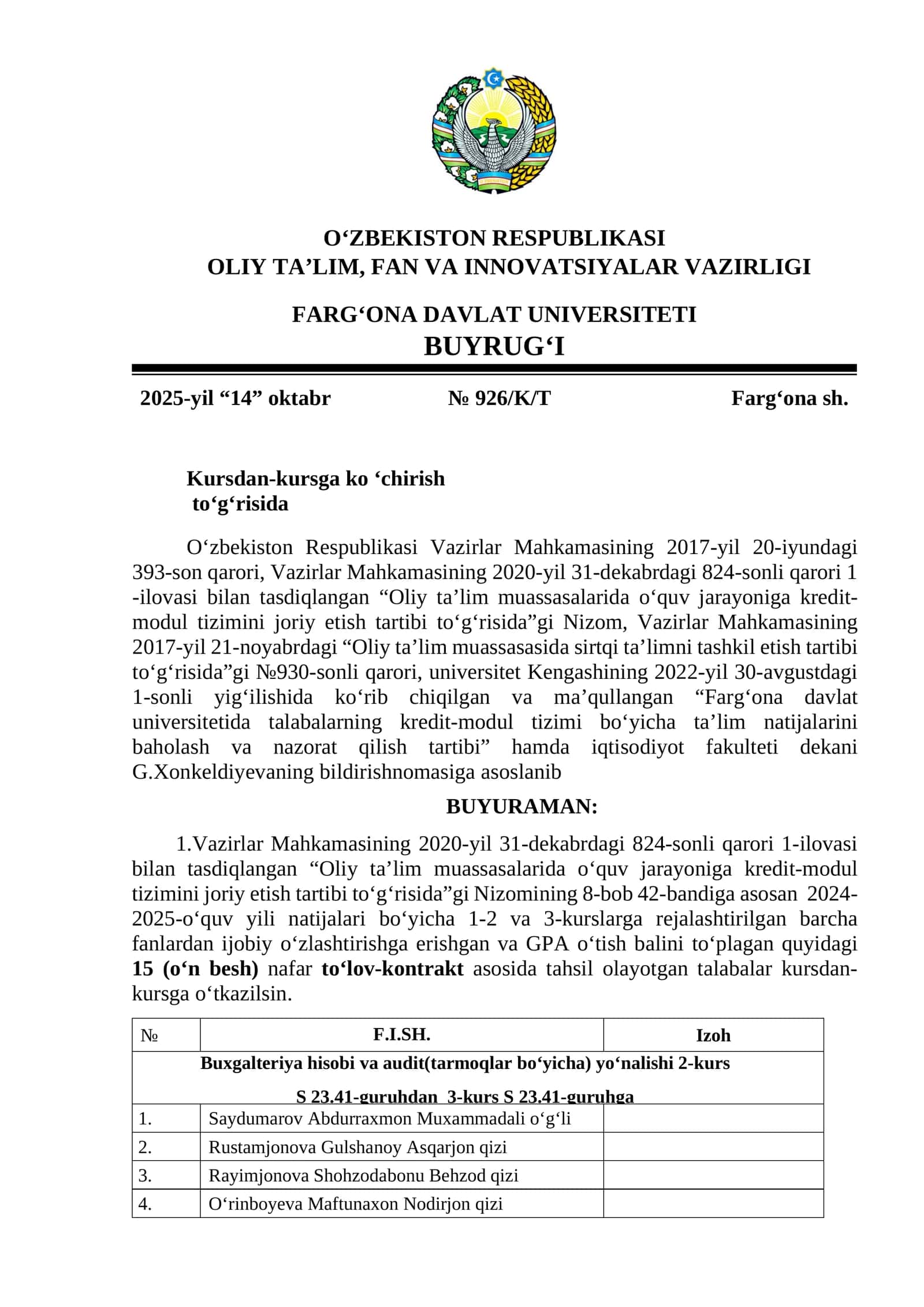Farg‘ona davlat universitetida talabalarning kredit-modul tizimi bo‘yicha ta’lim natijalarini baholash va nazorat qilish tartibi 1
