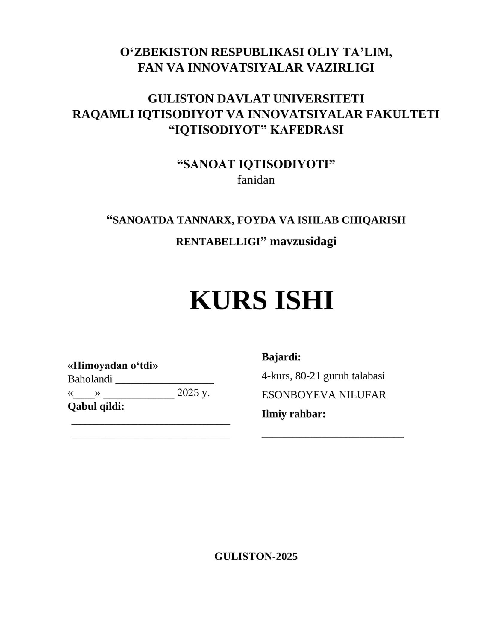 Sanoatda Tannarx, Foyda va Ishlab Chiqarish Rentabelligi 1