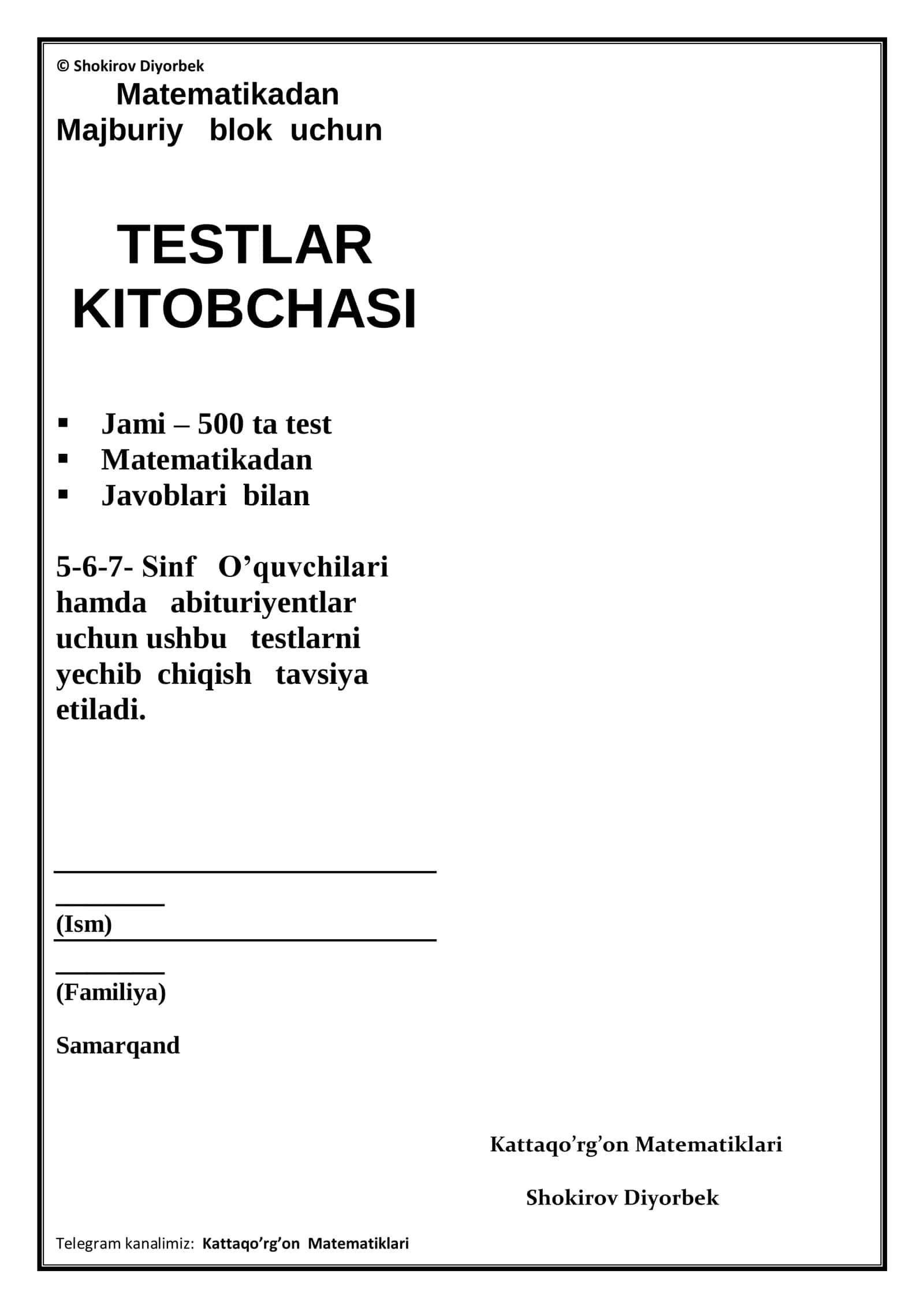 Majburiy blok uchun TESTLAR KITOBCHASI 1