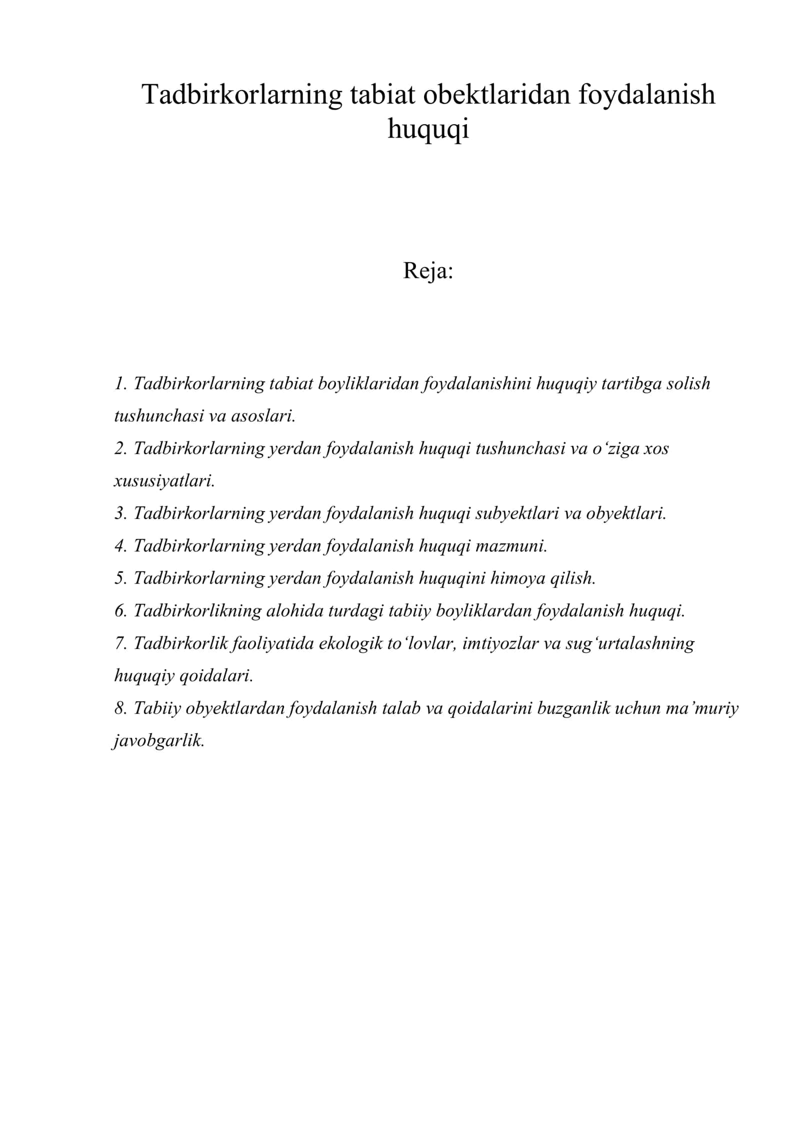 Tadbirkorlarning tabiat obektlaridan foydalanish huquqi 1