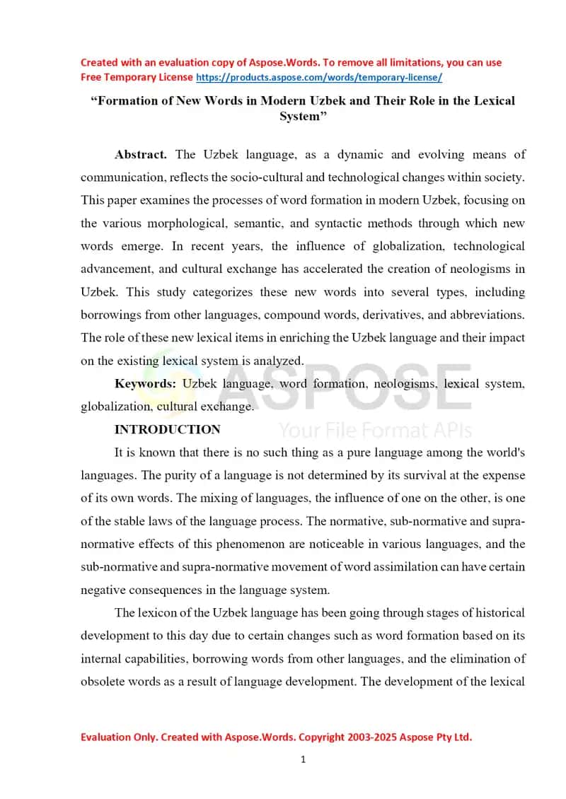 Formation of New Words in Modern Uzbek and Their Role in the Lexical System 1