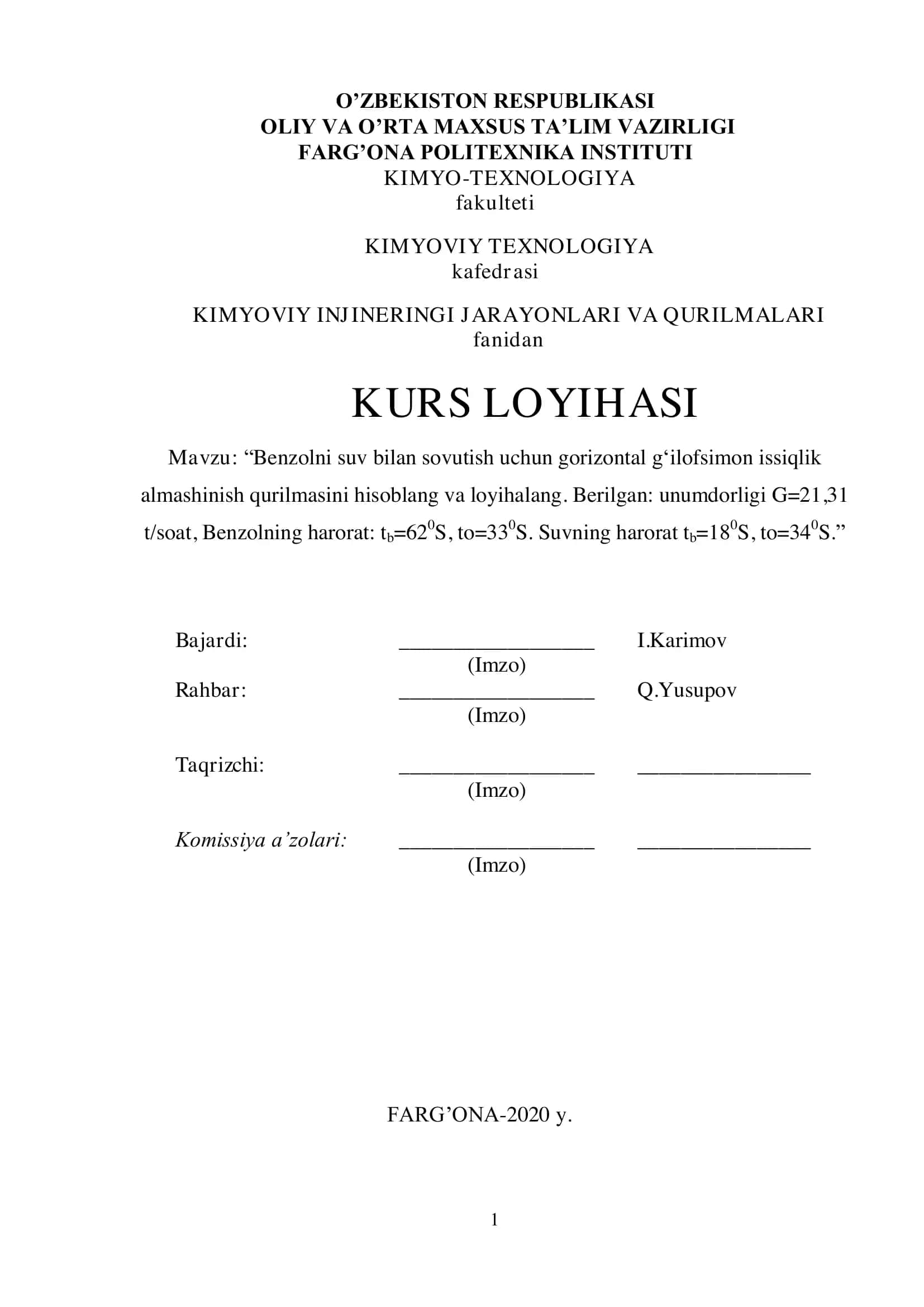 KIMYOVIY INJINERING JARAYONLARI VA QURILMALARI 1