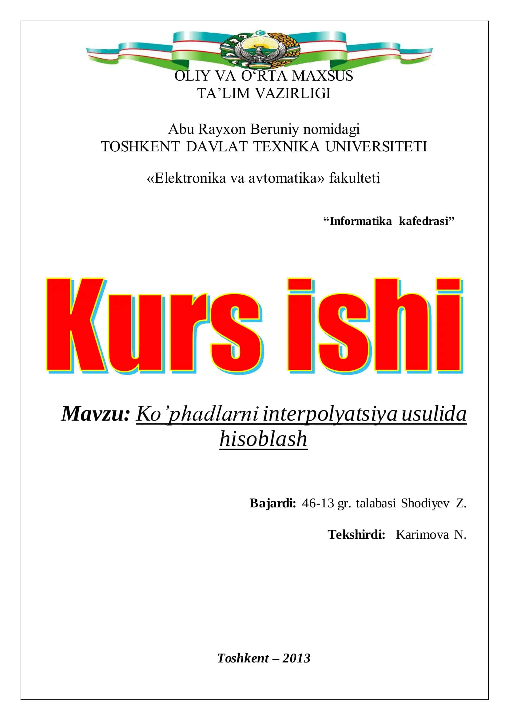 Kо’phadlarni interpolyatsiya usulida hisoblash 1