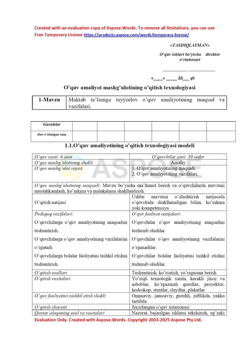 O’quv amaliyot mashg‘ulotining o‘qitish texnologiyasi 1