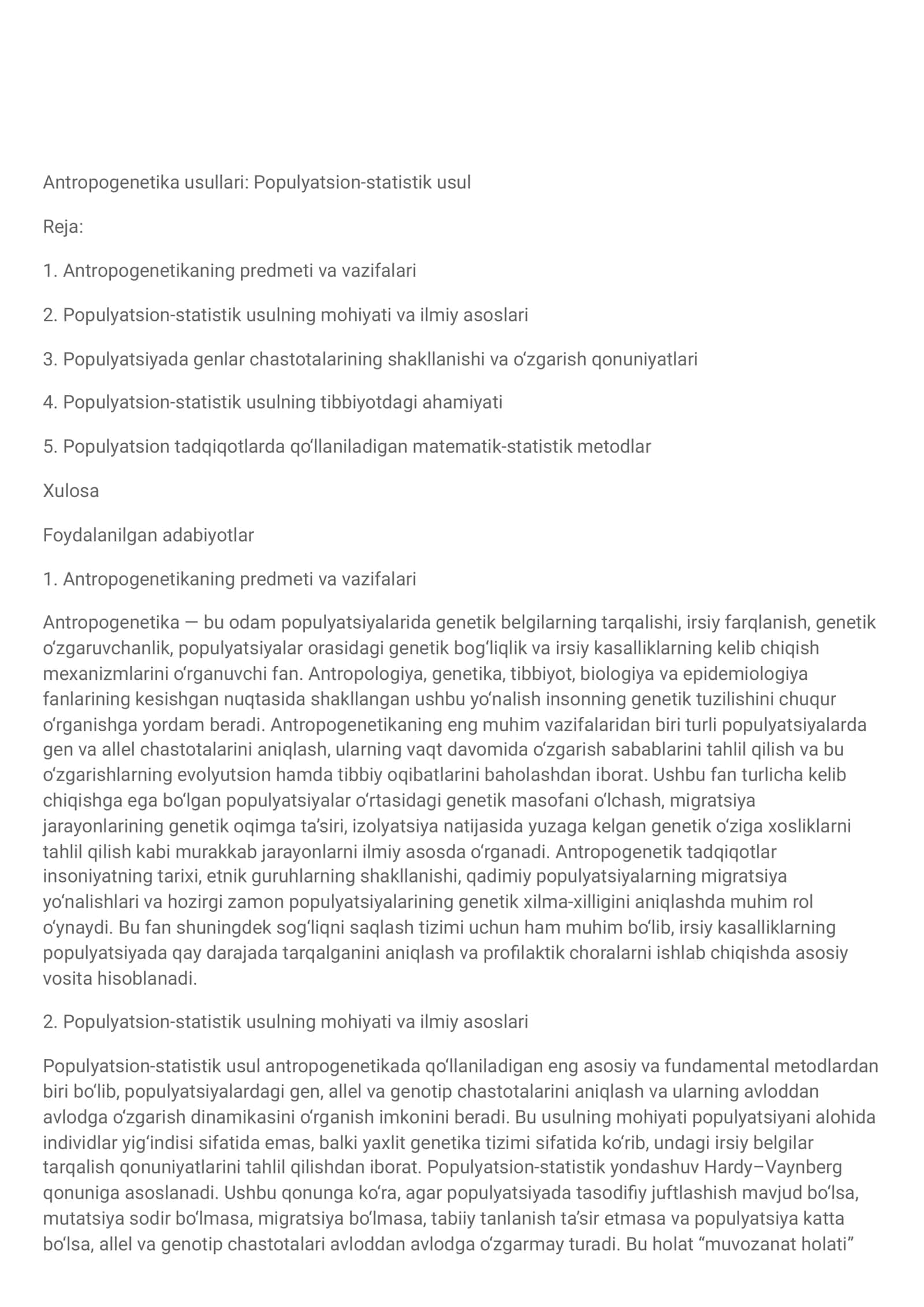 Antropogenetika usullari: Populyatsion-statistik usul 1