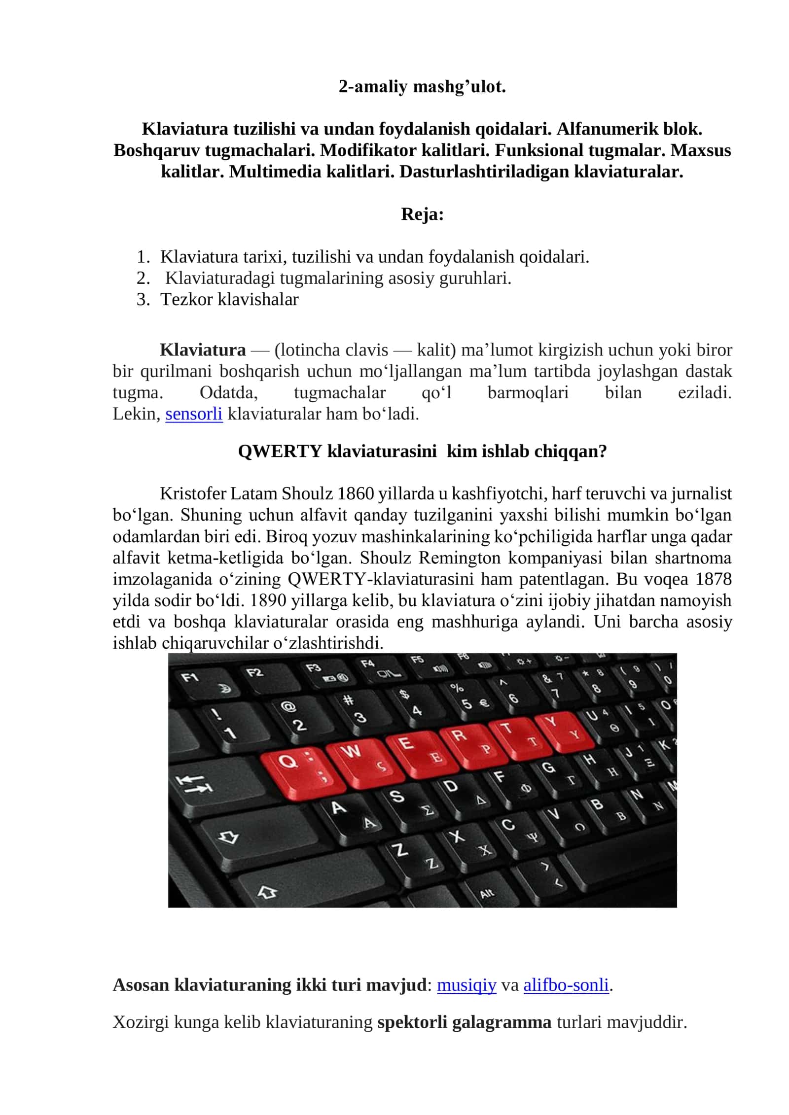 Klaviatura tuzilishi va undan foydalanish qoidalari 1