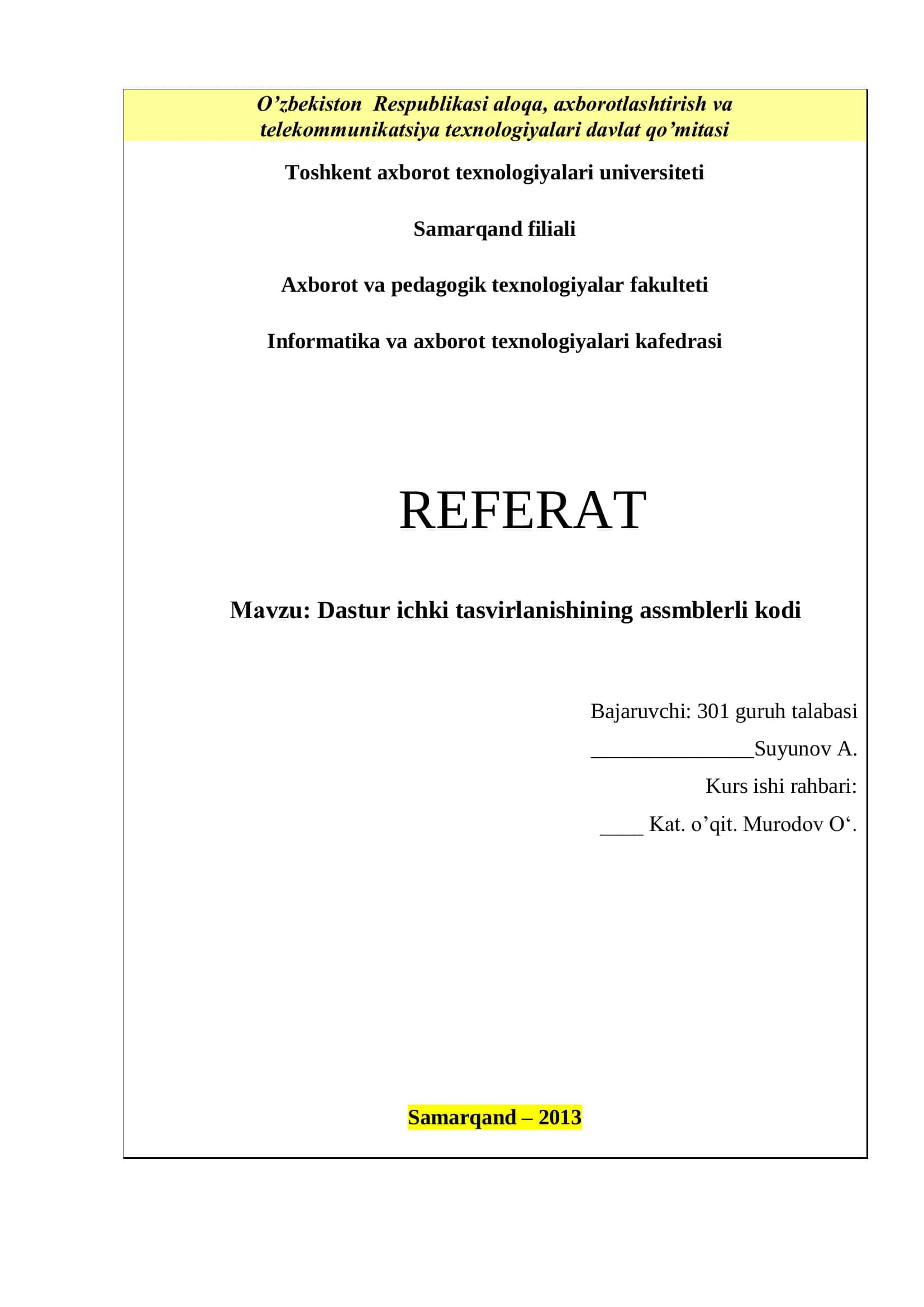 Dastur ichki tasvirlanishining assmblerli kodi 1