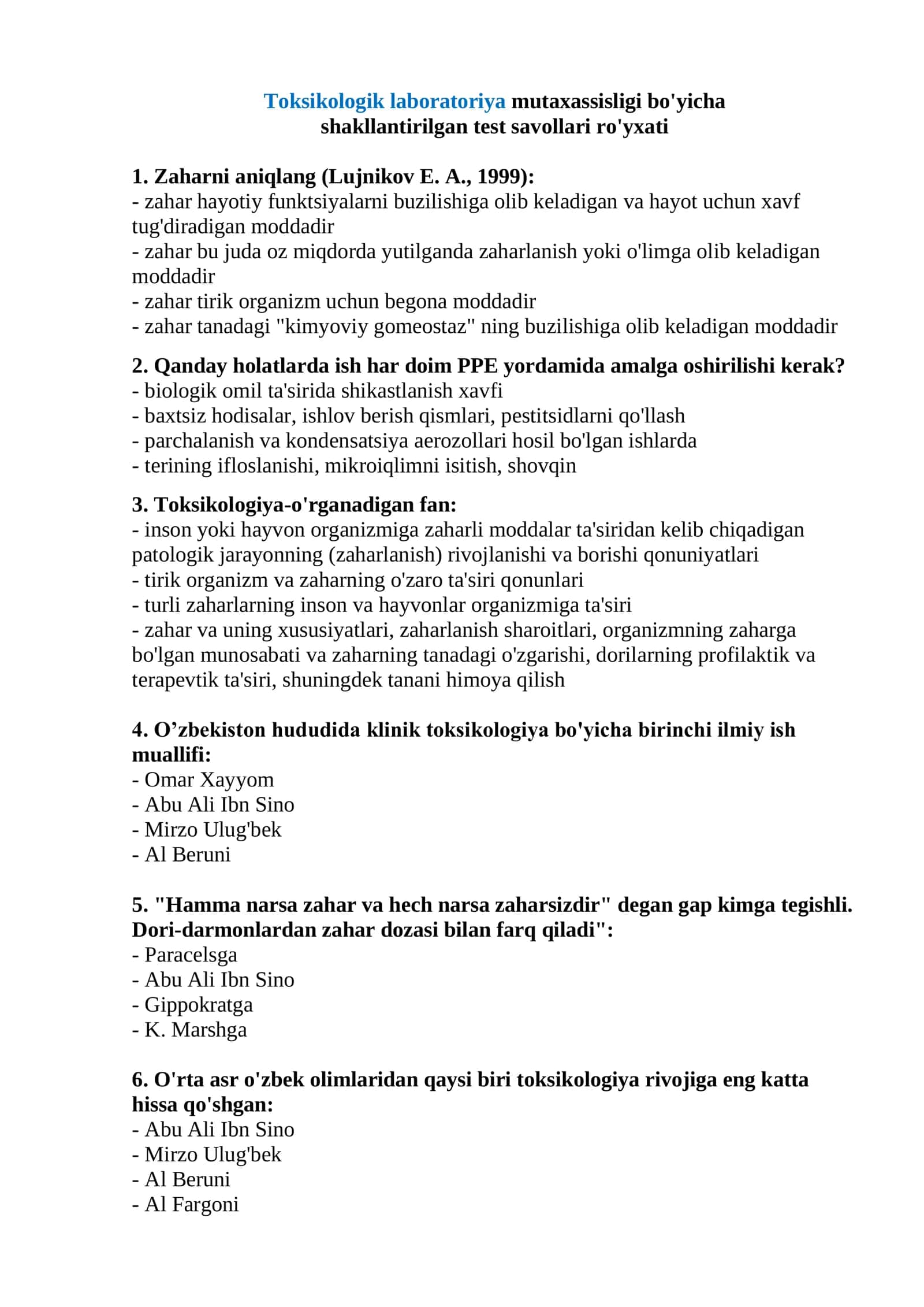 Toksikologik laboratoriya mutaxassisligi bo'yicha shakllantirilgan test savollari ro'yxati 1