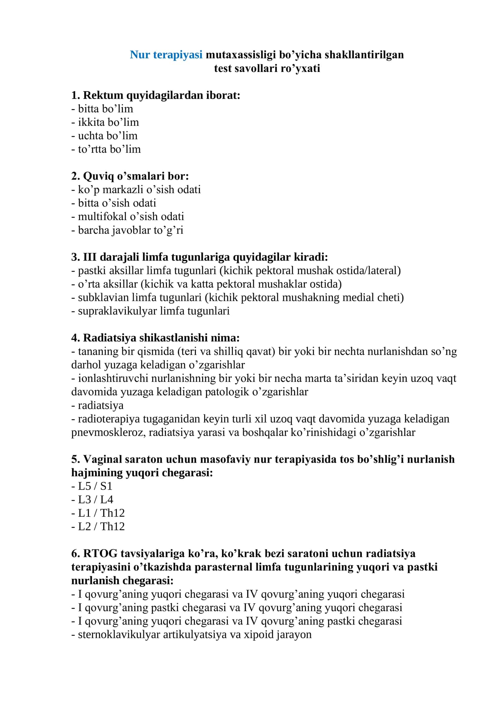 Nur terapiyasi mutaxassisligi bo’yicha shakllantirilgan test savollari ro’yxati 2026 1