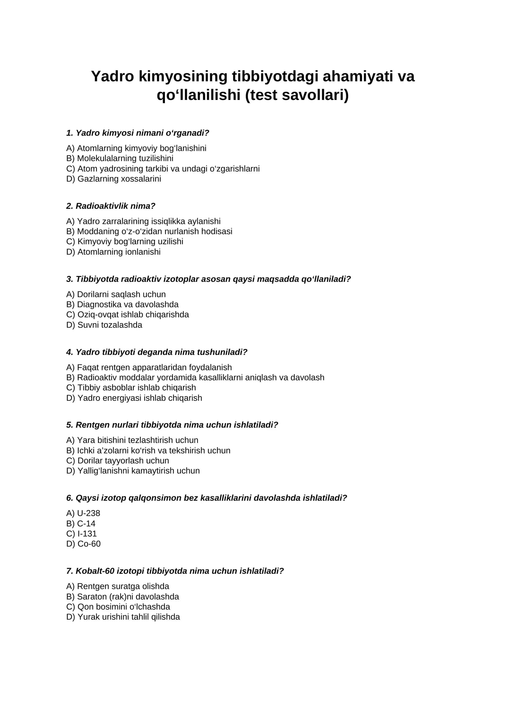 Yadro kimyosining tibbiyotdagi ahamiyati va qo‘llanilishi (test savollari) 1