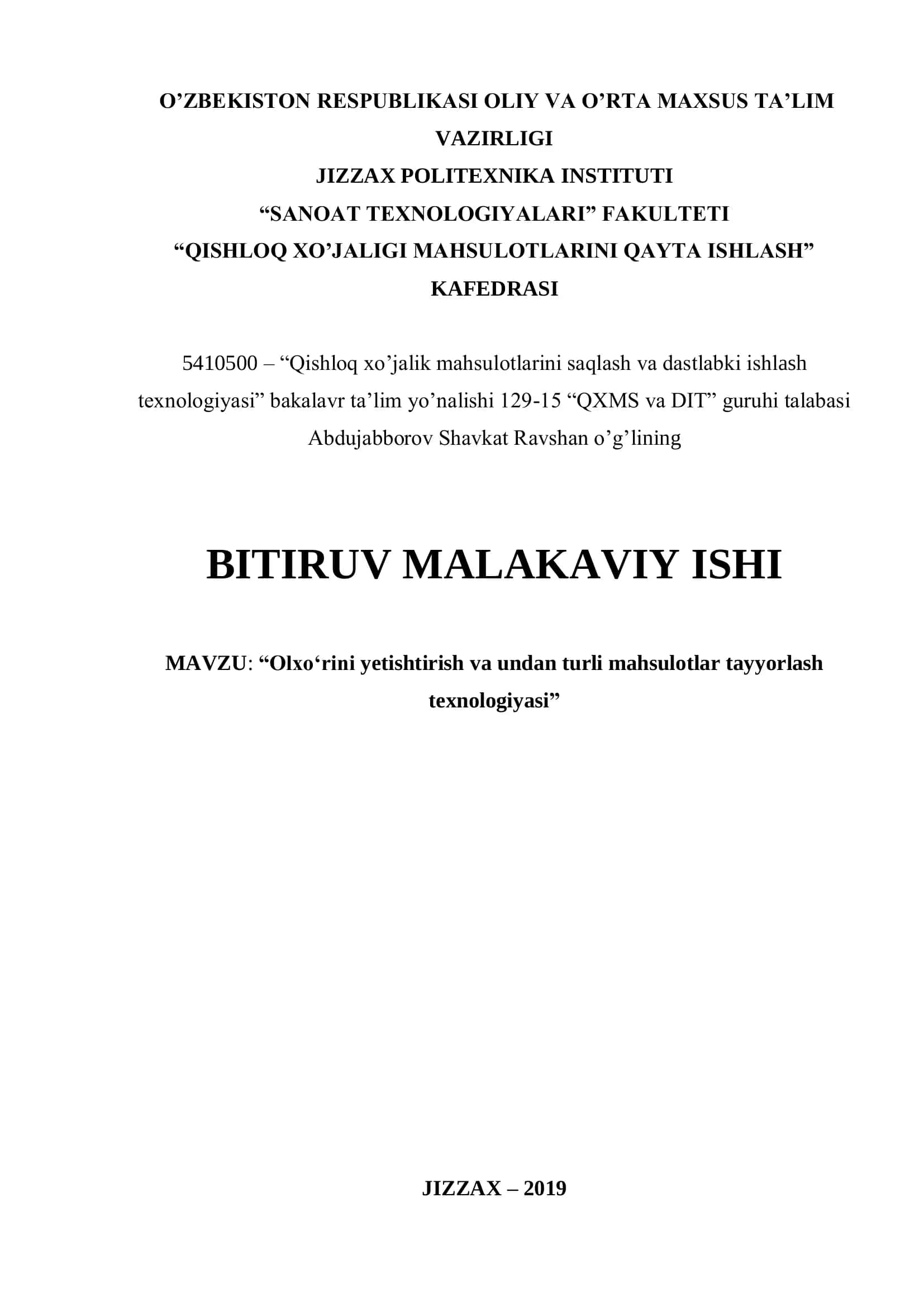 “Olxo‘rini yetishtirish va undan turli mahsulotlar tayyorlash texnologiyasi” 1