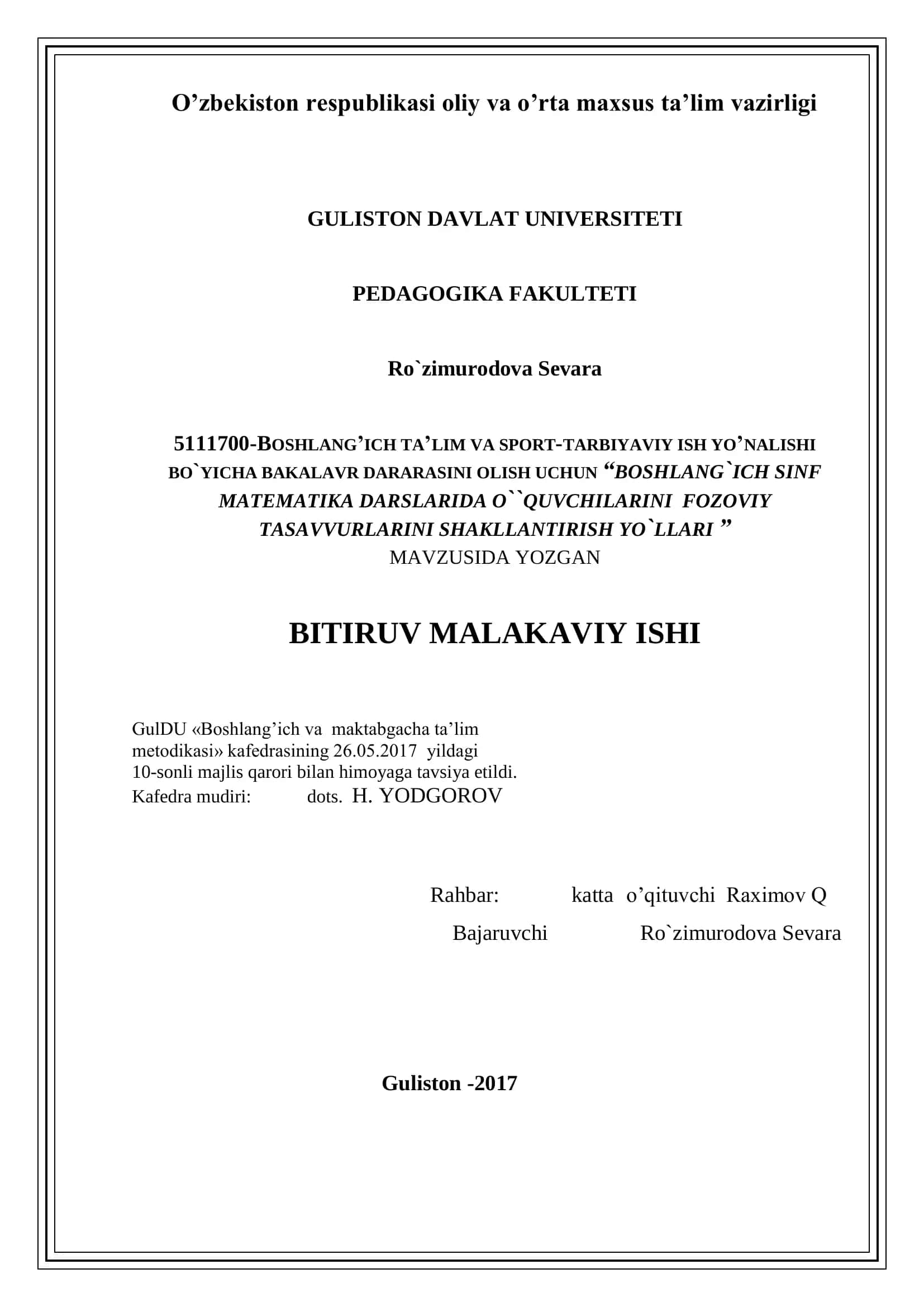 BOSHLANG`ICH SINF MATEMATIKA DARSLARIDA O``QUVCHILARINI FOZOVIY TASAVVURLARINI SHAKLLANTIRISH YO`LLARI 1