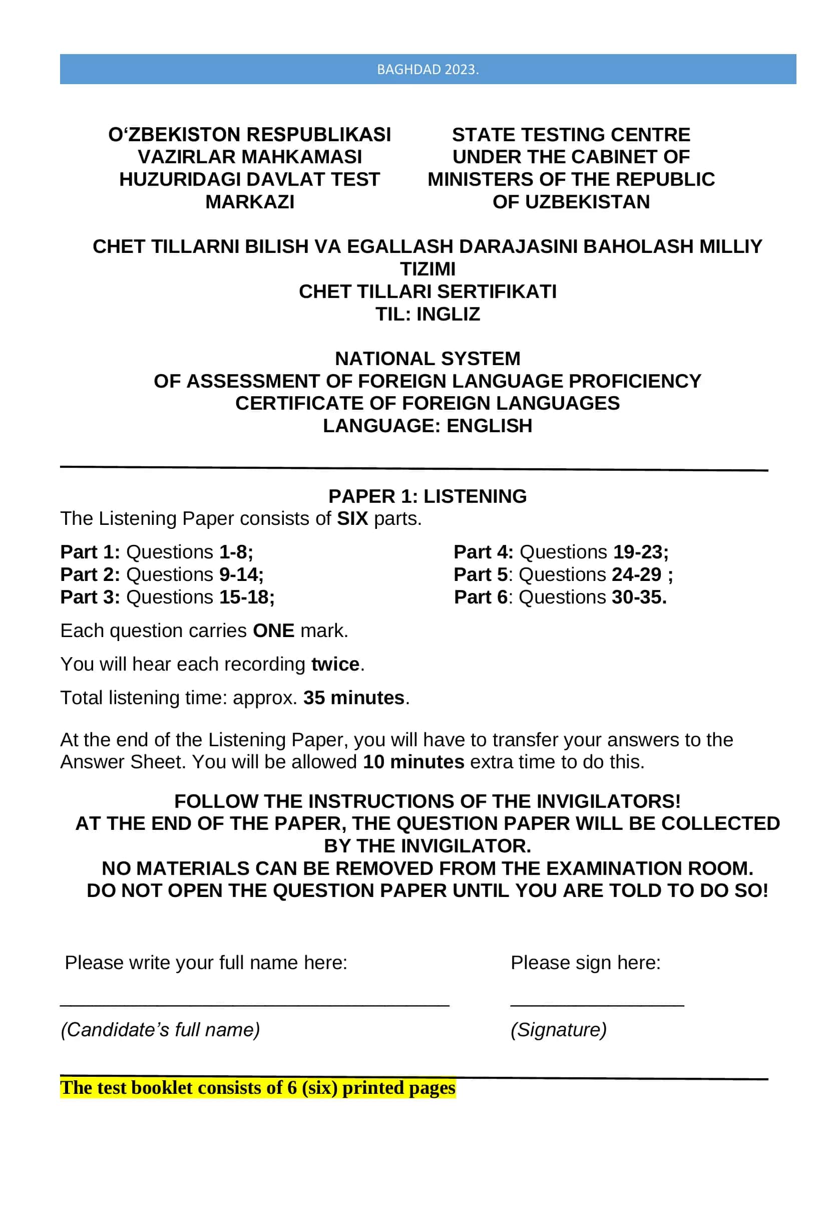 Multilevel real exam test (ingliztili) - Reading and Listening mock 1