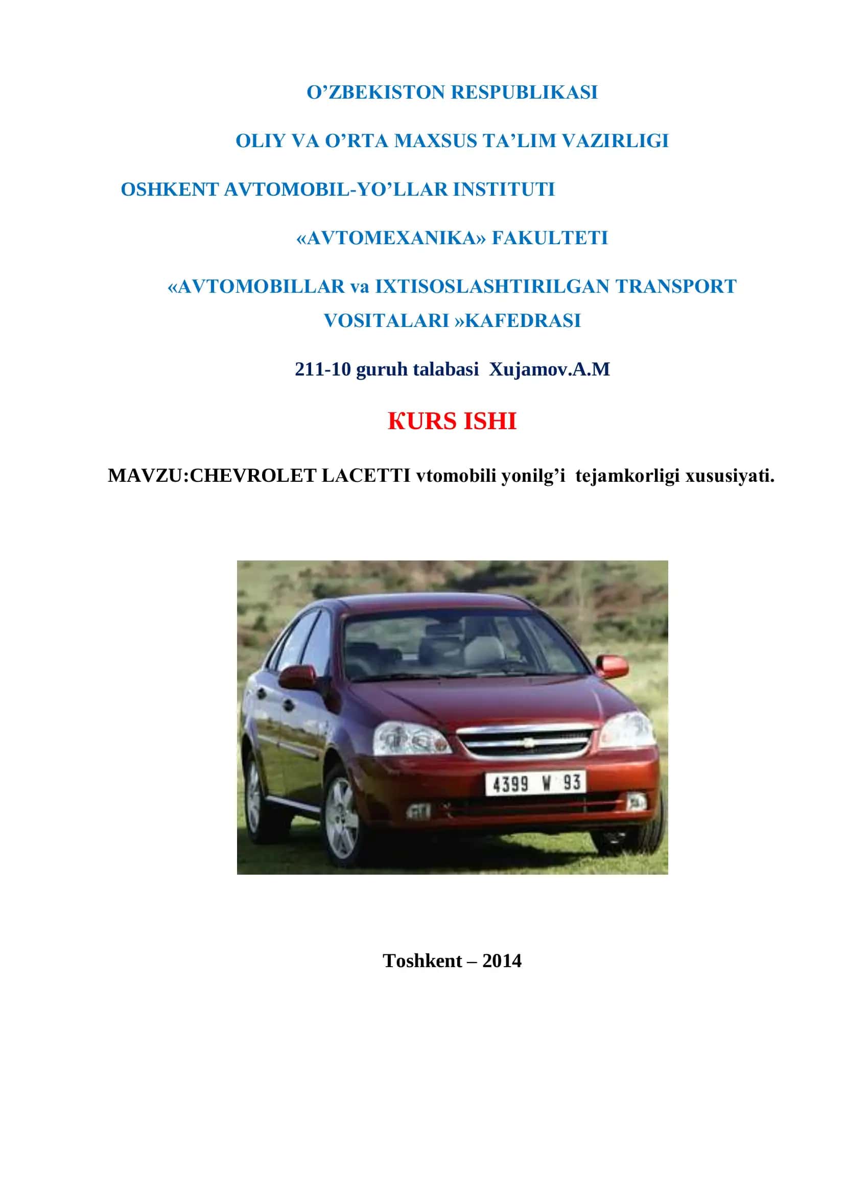 CHEVROLET LACETTI vtomobili yonilg’i tejamkorligi xususiyati 1