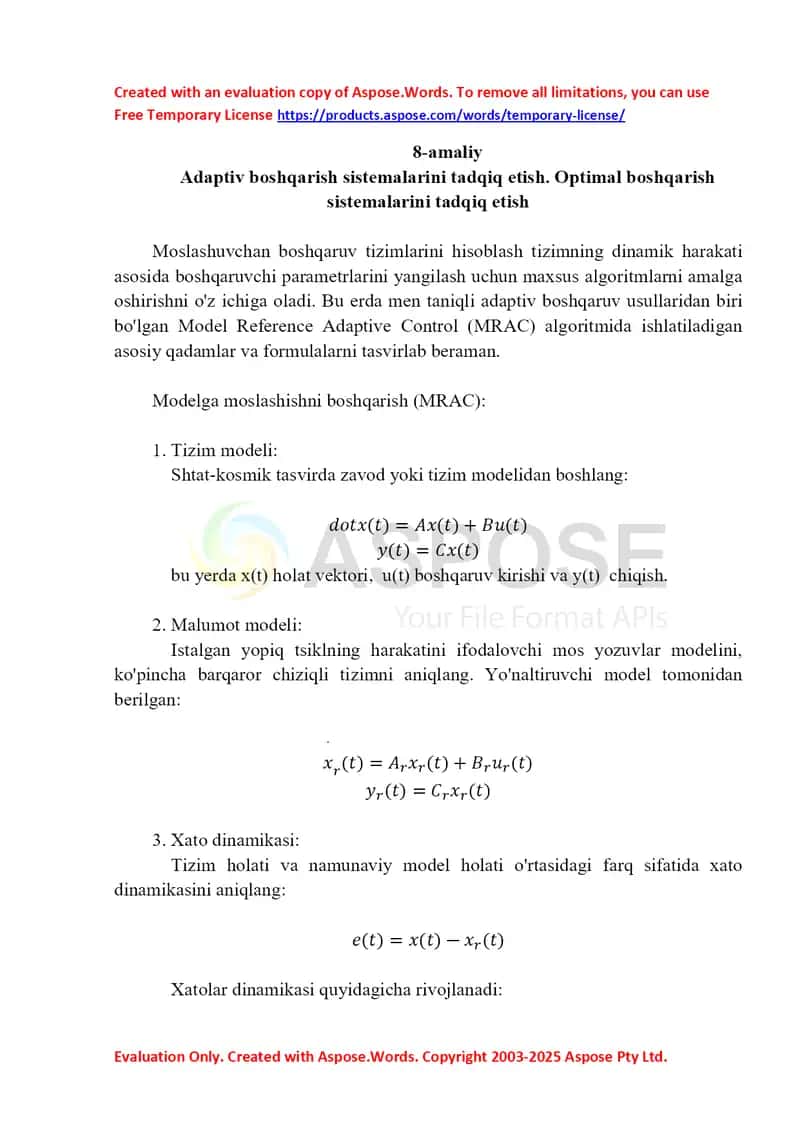 Adaptiv boshqarish sistemalarini tadqiq etish 1