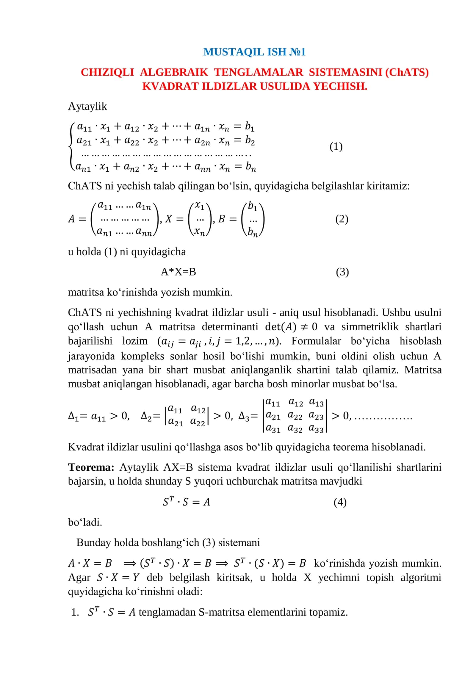 CHIZIQLI ALGEBRAIK TENGLAMALAR SISTEMASINI (ChATS) 1