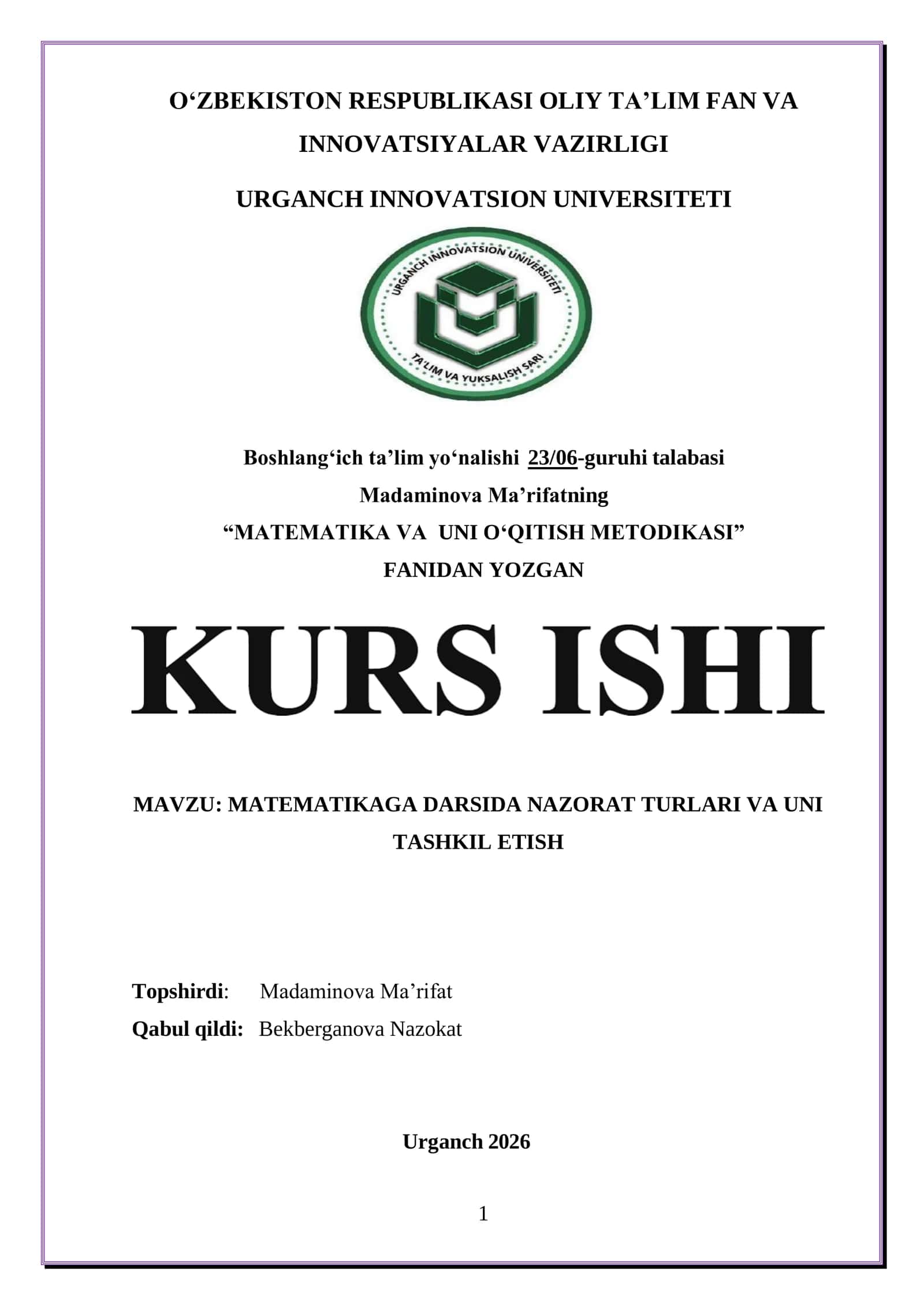 MATEMATIKAGA DARSIDA NAZORAT TURLARI VA UNI TASHKIL ETISH 1