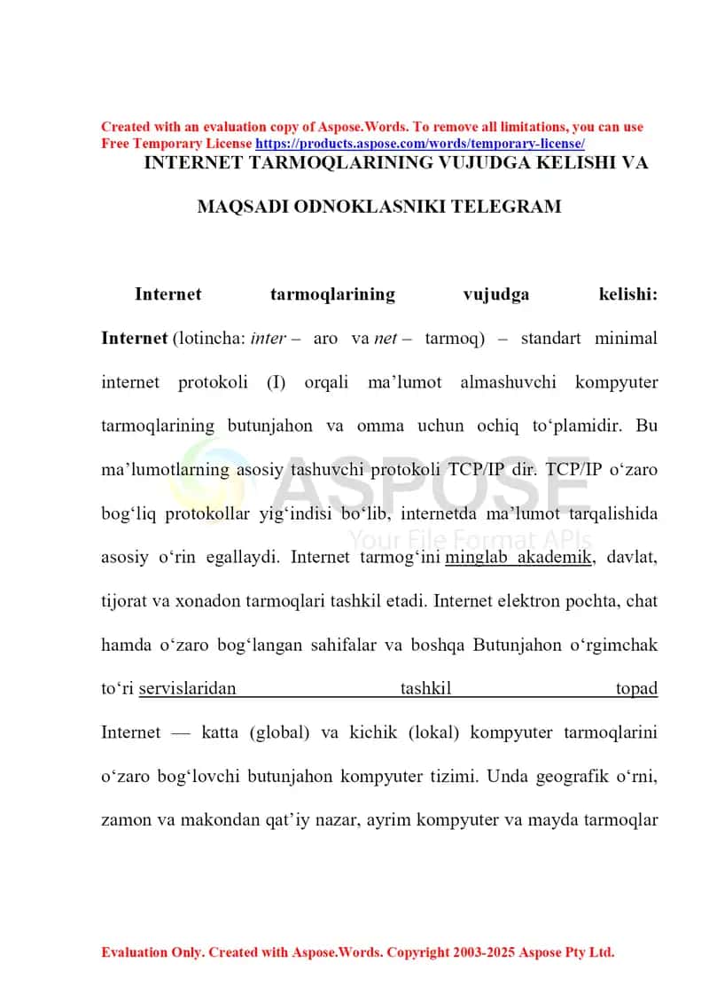 Internet tarmoqlarining vujudga kelishi va maqsadi (Odnoklasniki, Telegram) 1