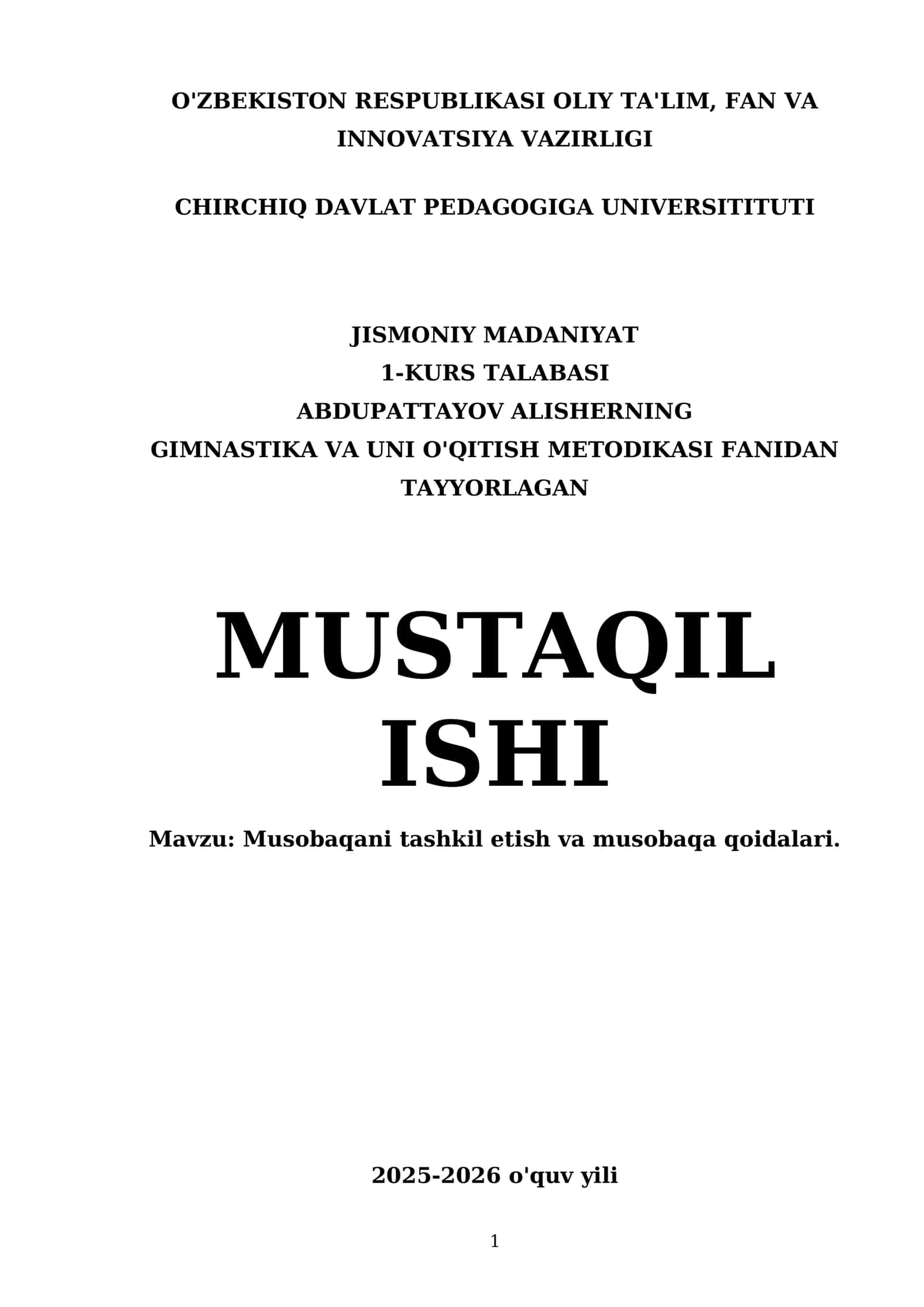 Abdupattayov Alisherning gimnastika va uni o'qitish metodikasi fanidan tayyorlagan 1
