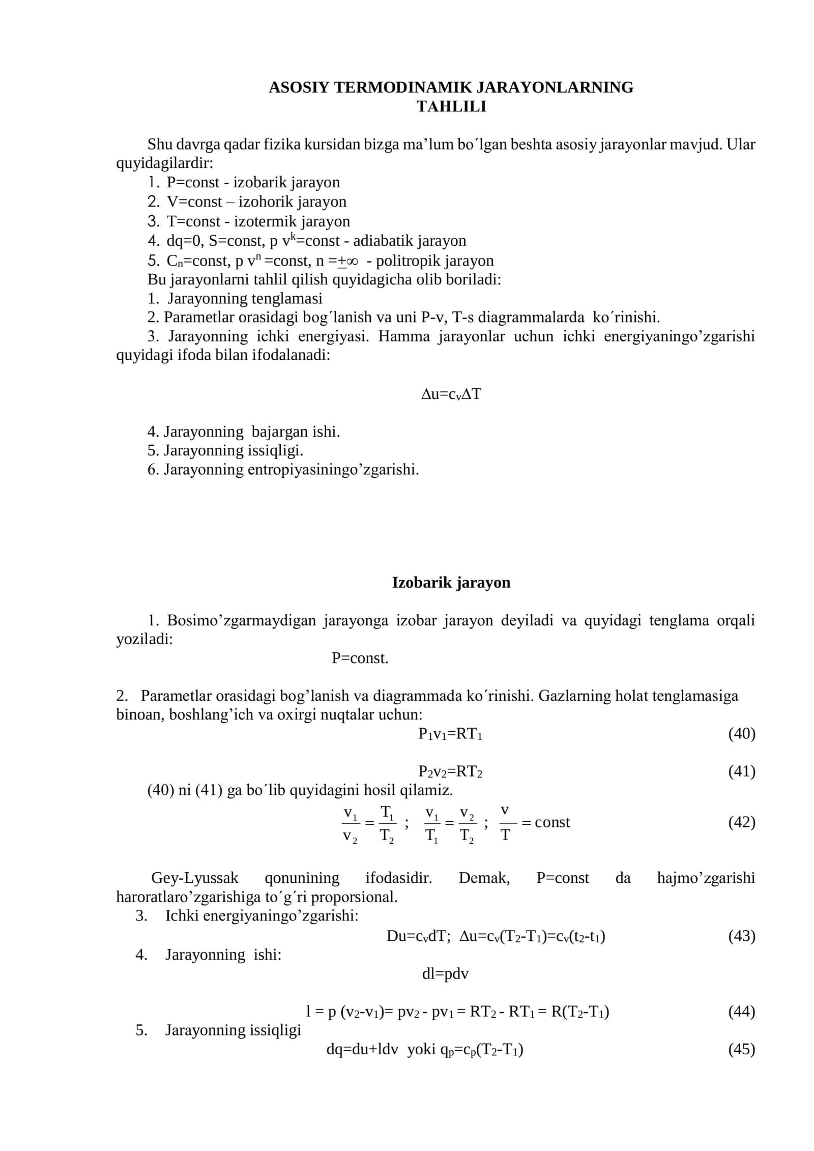 ASOSIY TERMODINAMIK JARAYONLARNING TАHLILI 1
