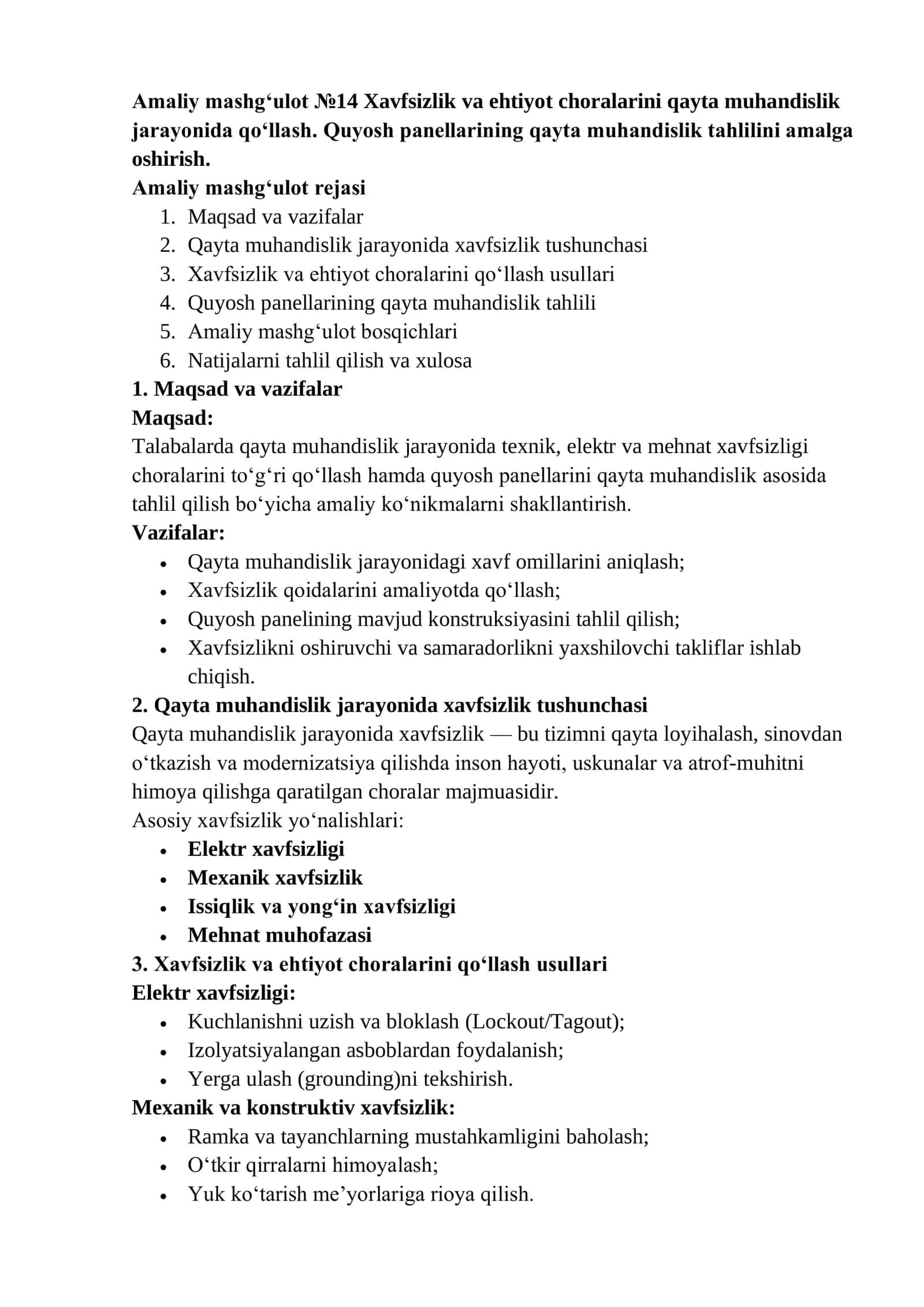 Amaliy mashg‘ulot №14 Xavfsizlik va ehtiyot choralarini qayta muhandislik jarayonida qo‘llash. Quyosh panellarining qayta muhandislik tahlilini amalga oshirish 1
