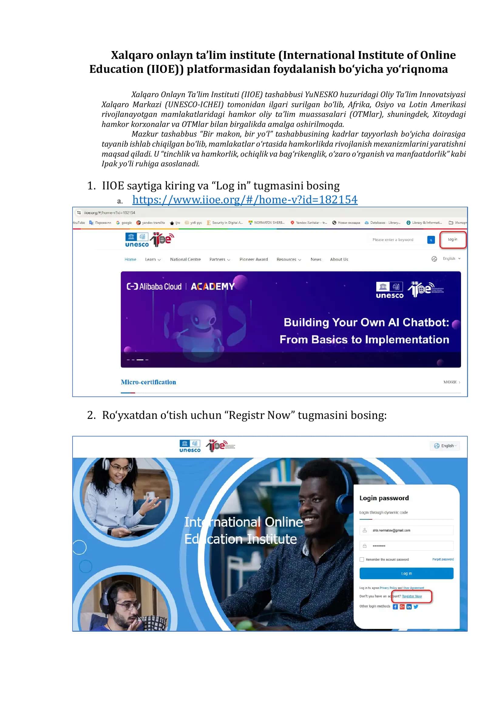 Xalqaro onlayn ta’lim institute (International Institute of Online Education (IIOE)) platformasidan foydalanish bo‘yicha yo‘riqnoma 1