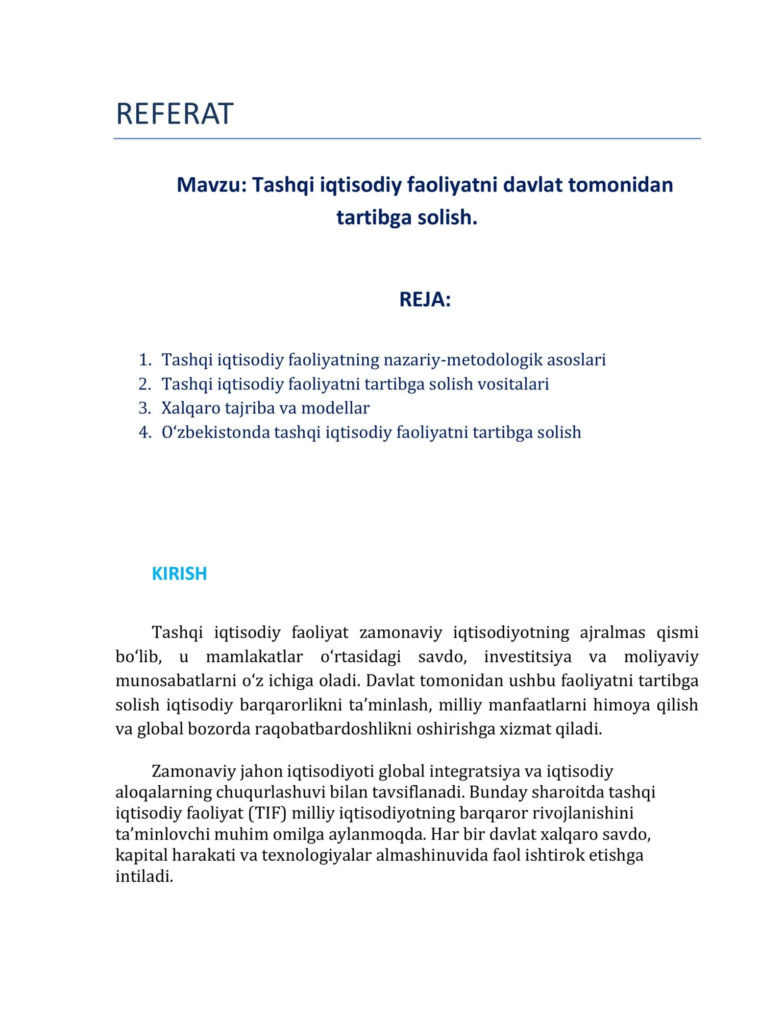 Tashqi iqtisodiy faoliyatni davlat tomonidan tartibga solish 1