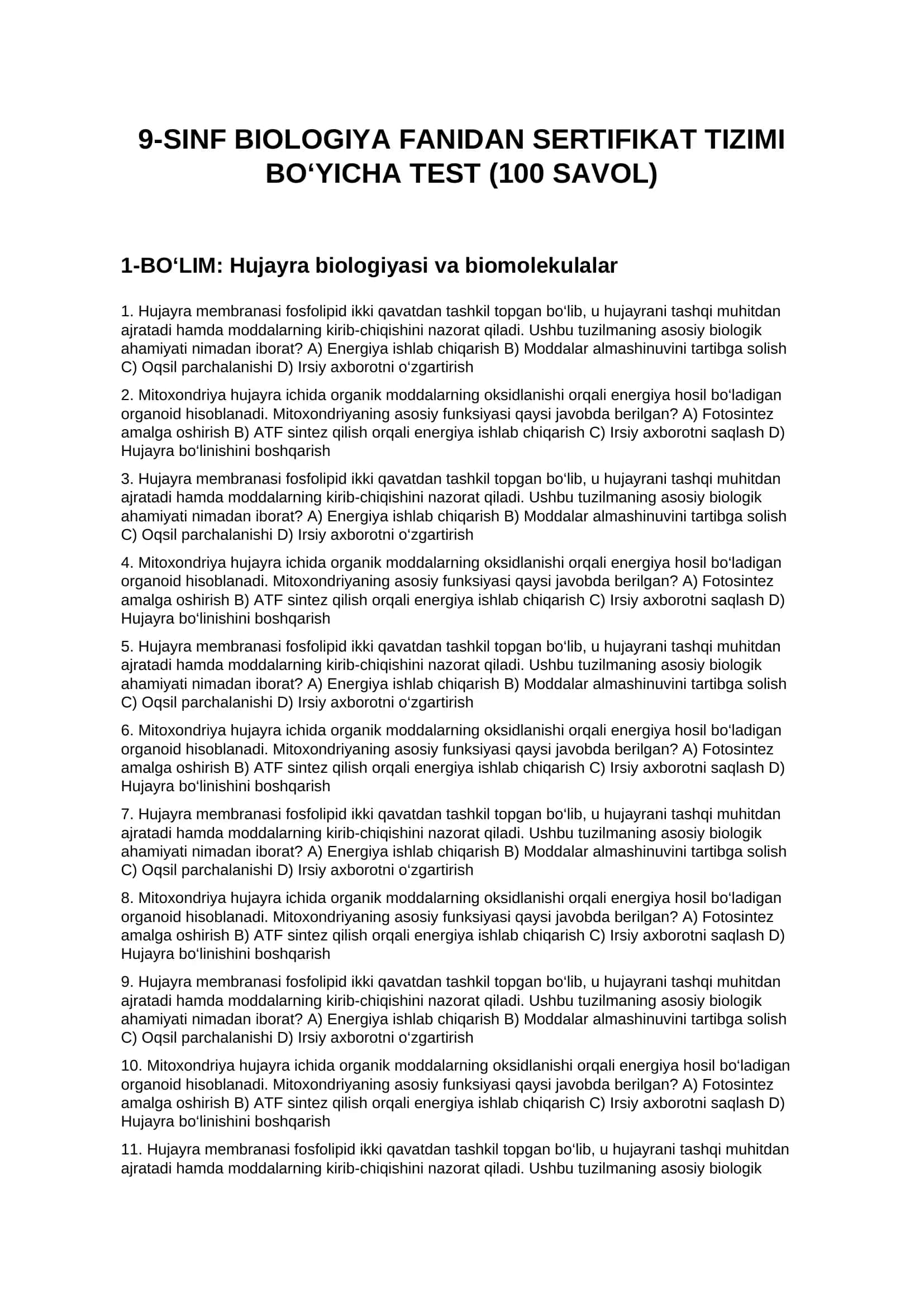 9-SINF BIOLOGIYA FANIDAN SERTIFIKAT TIZIMI BO‘YICHA TEST (100 SAVOL) 1