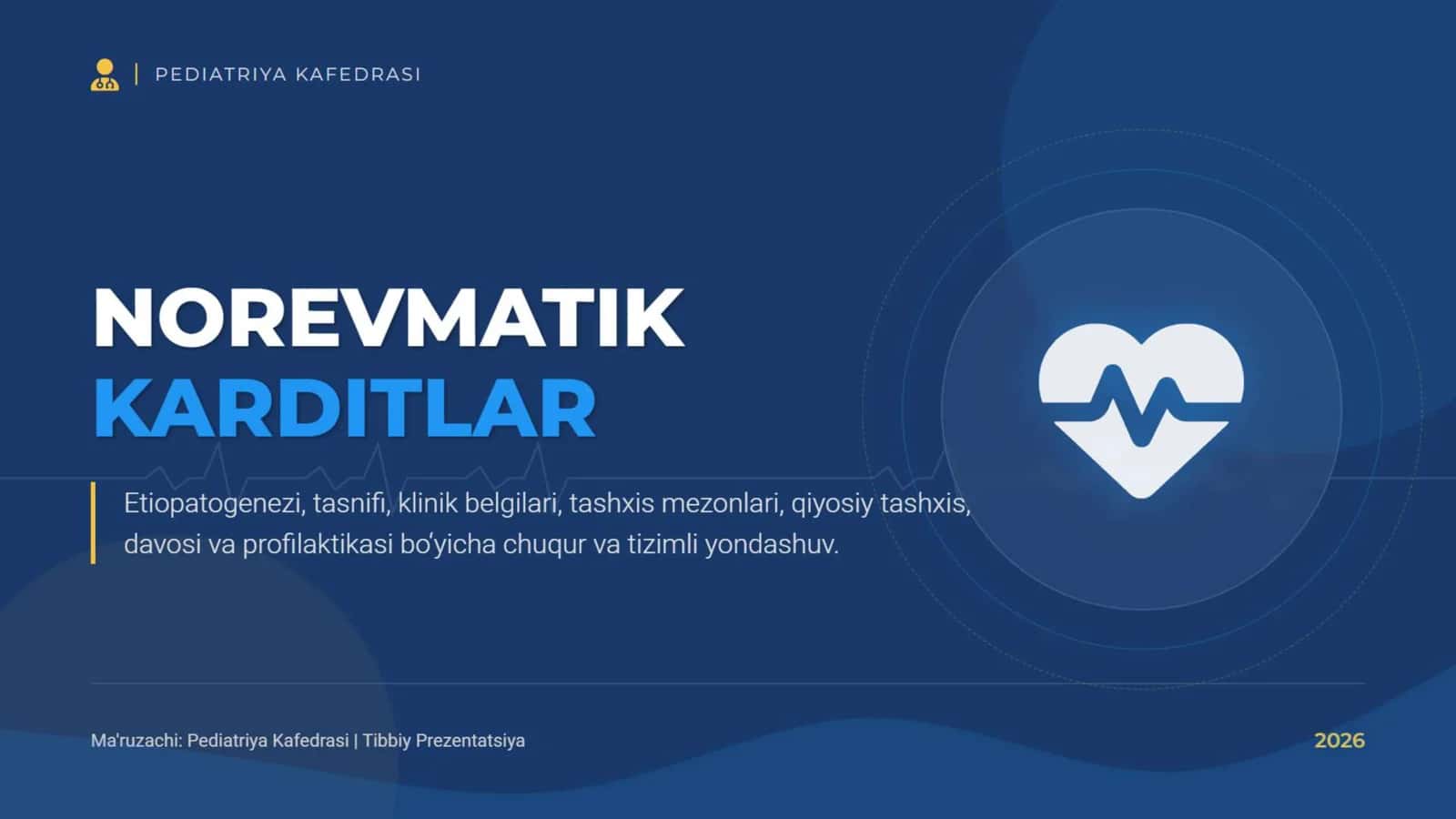 Norevmatik karditlar. Etiopatogenezi. Tasnifi. Klinik belgilari. Tashxisot mezonlari. Qiyosiy tashxis. Davosi. Profilaktikasi. 1