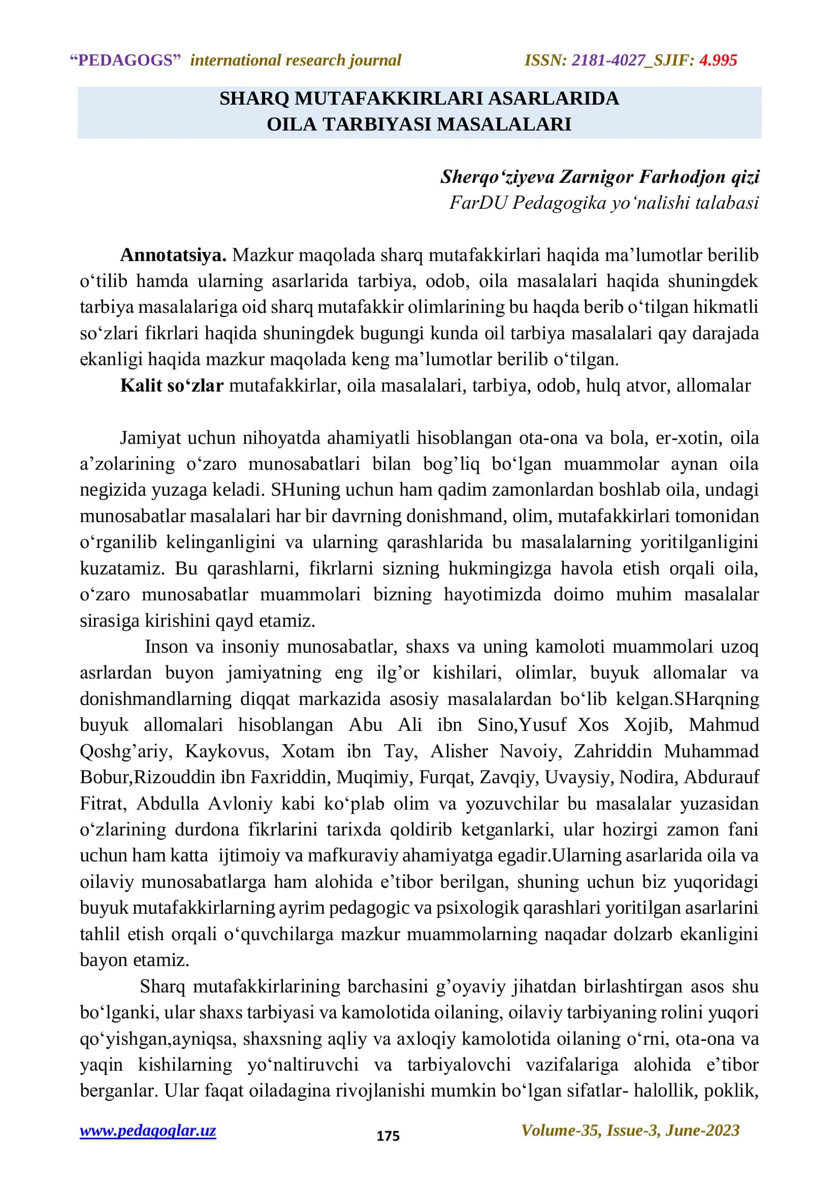SHARQ MUTAFAKKIRLARI ASARLARIDA OILA TARBIYASI MASALALARI 1