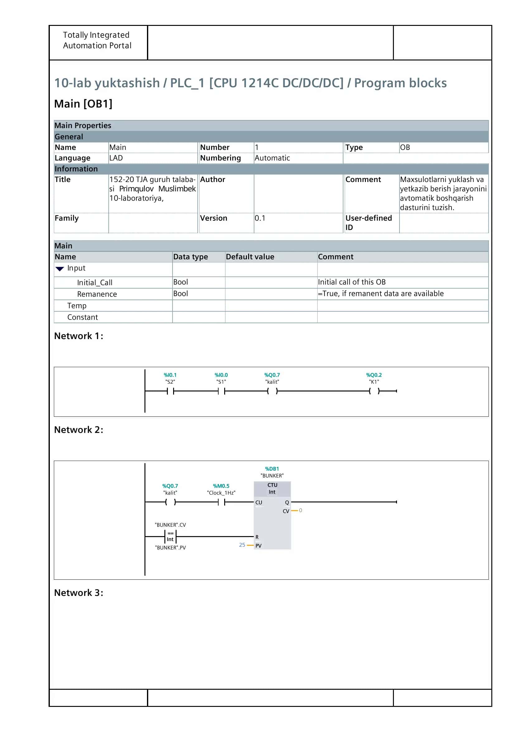 10-lab yuktashish / PLC_1 [CPU 1214C DC/DC/DC] / Program blocks 1