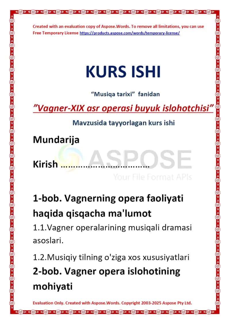 Vagner-XIX asr operasi buyuk islohotchisi mavzusida tayyorlangan kurs ishi 1