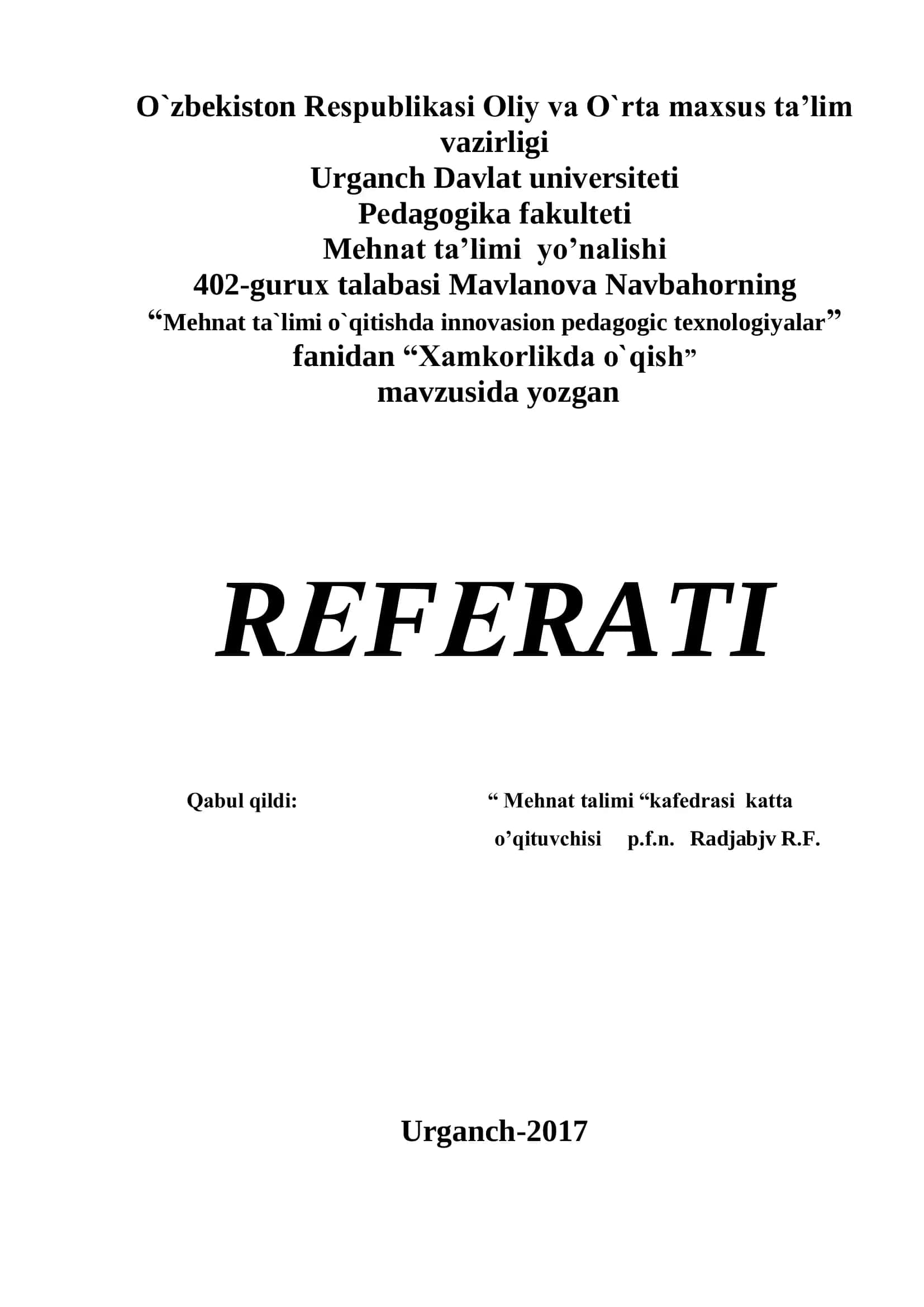 "Mehnat ta`limi o`qitishda innovasion pedagogic texnologiyalar" 1