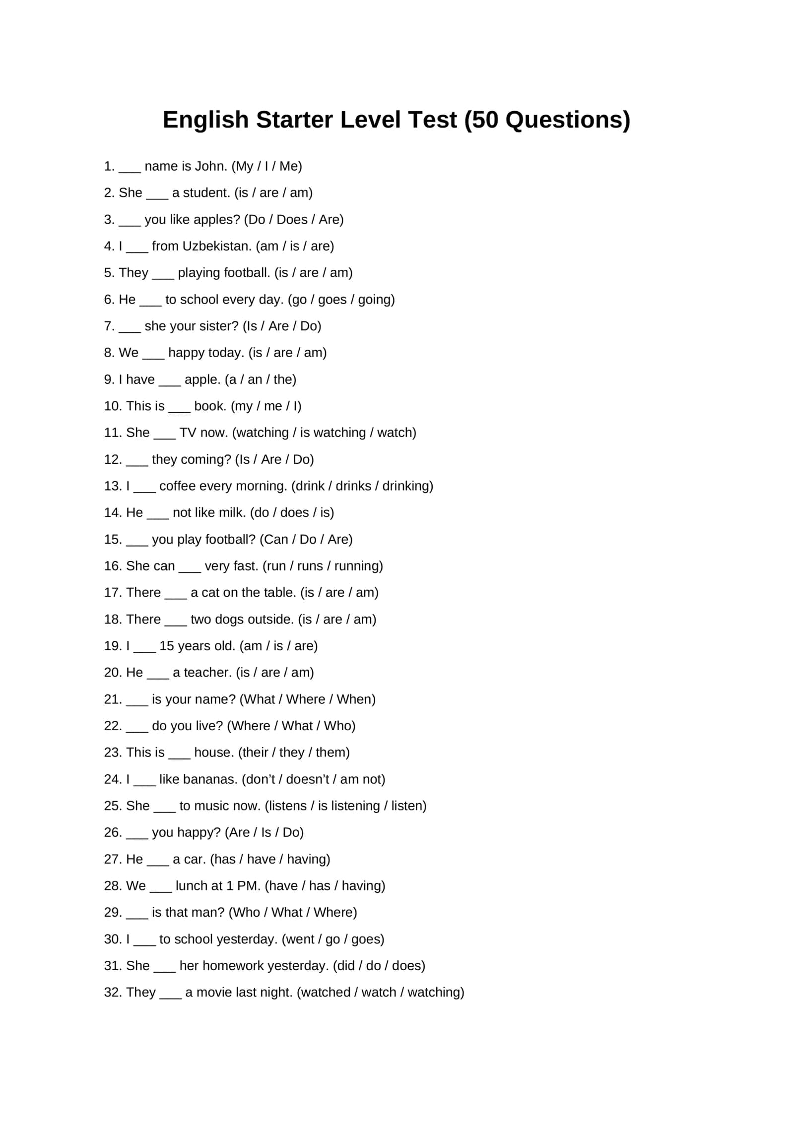English Starter Level Test (50 Questions) 1