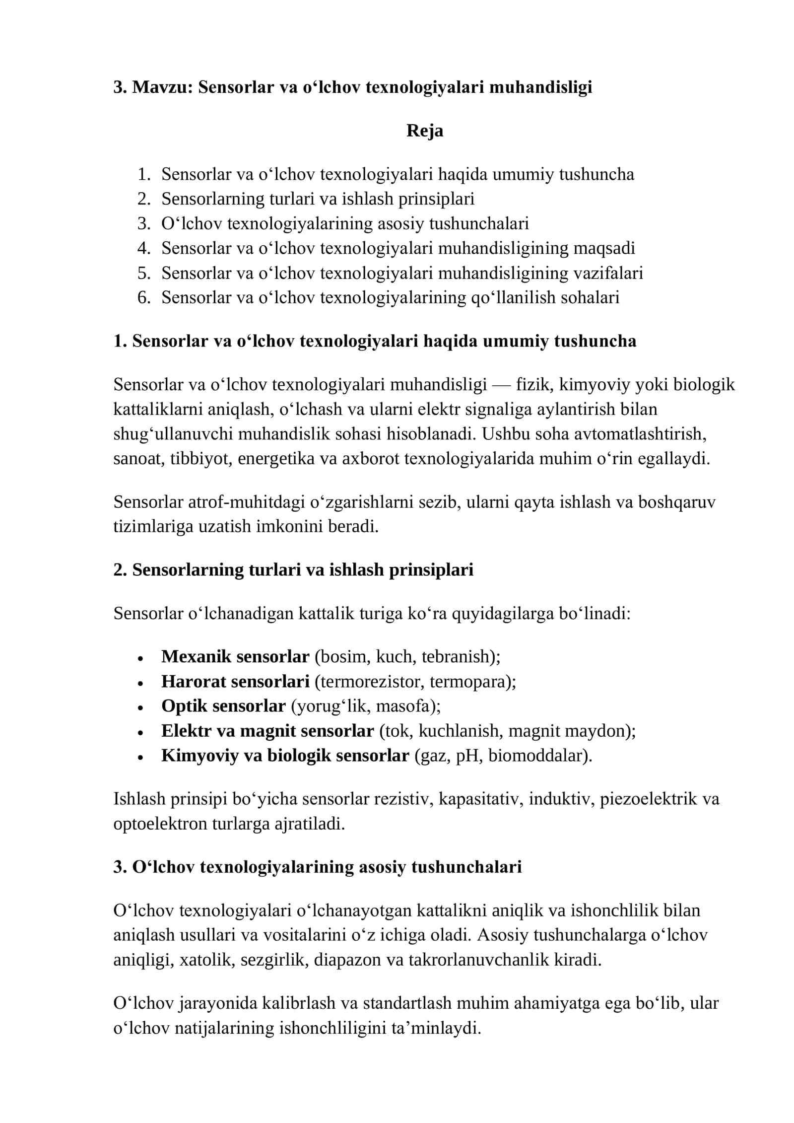 Sensorlar va o‘lchov texnologiyalari muhandisligi 1