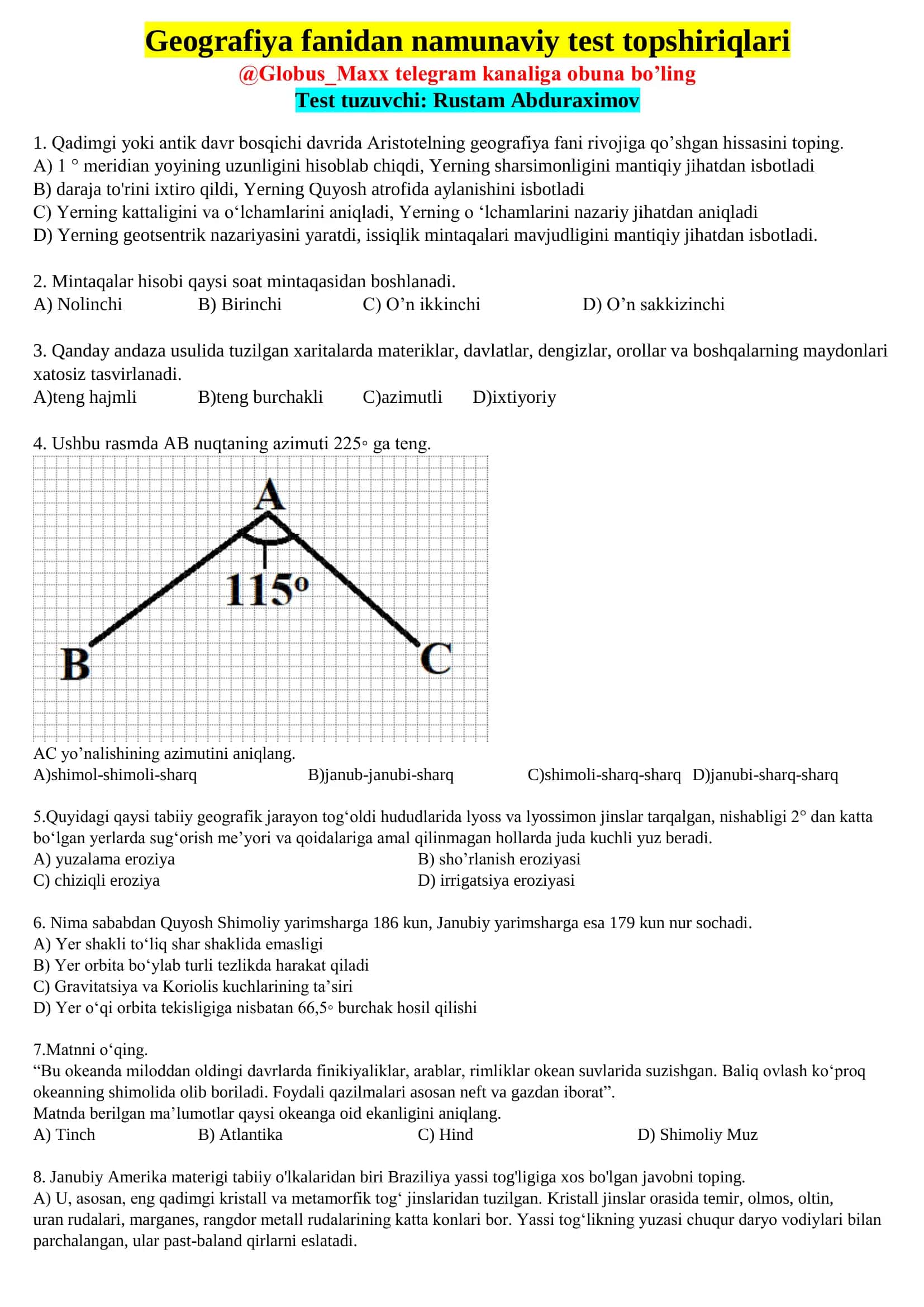 Geografiya fanidan namunaviy test topshiriqlari 1
