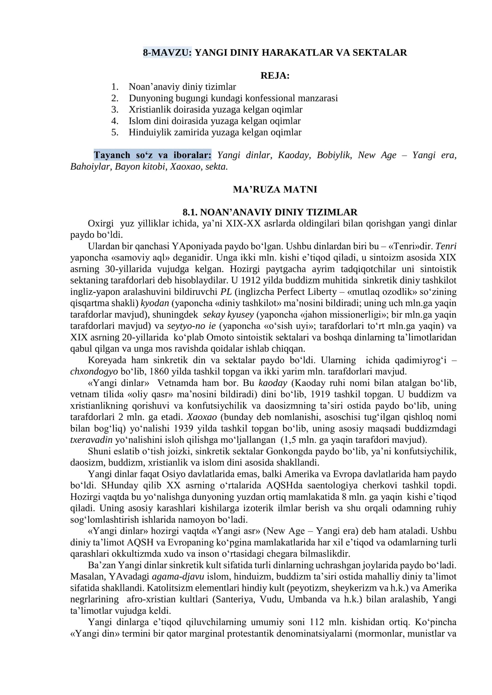YANGI DINIY HARAKATLAR VA SEKTALAR 1
