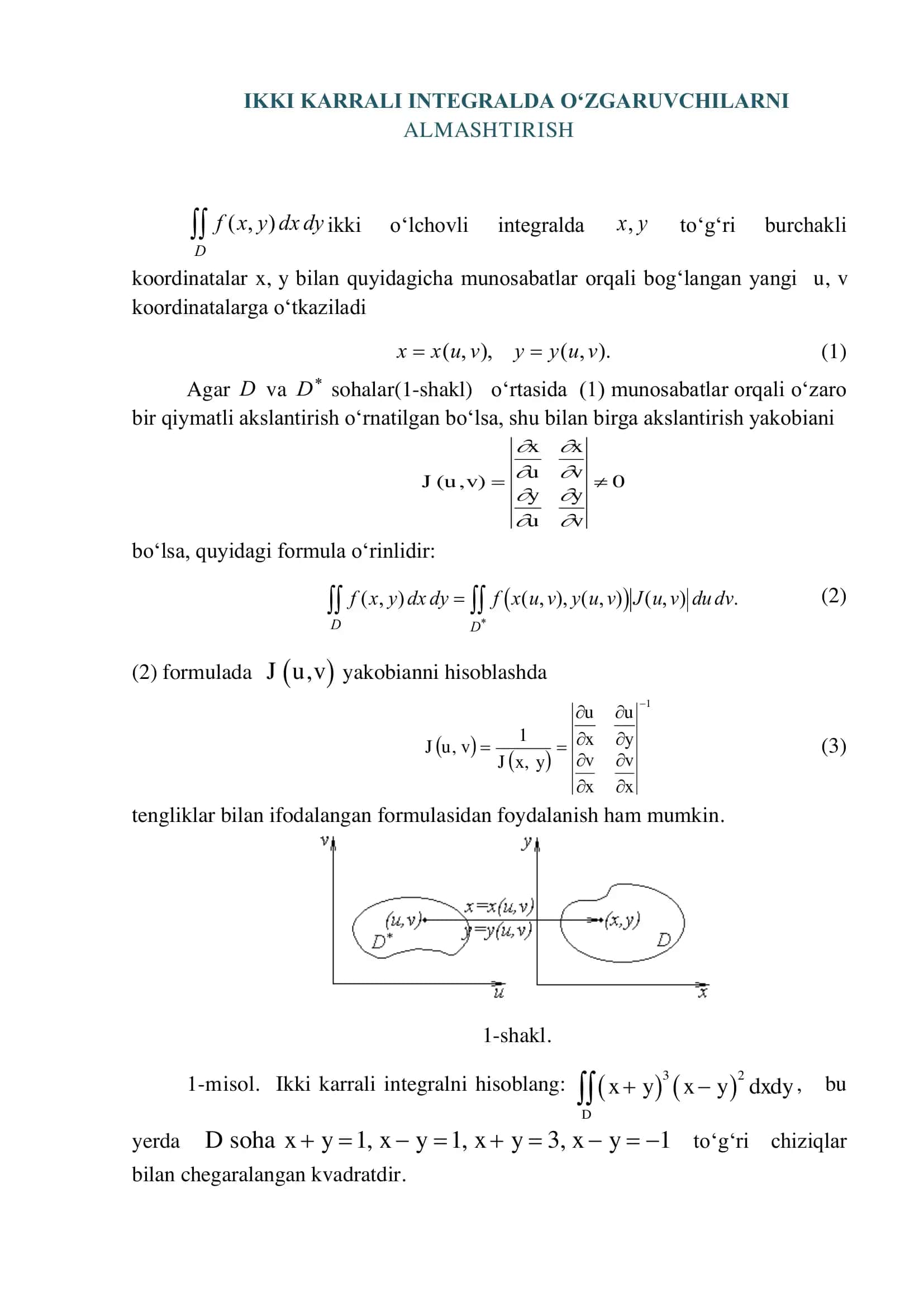 IKKI KARRALI INTEGRALDA O‘ZGARUVCHILARNI  ALMASHTIRISH 1