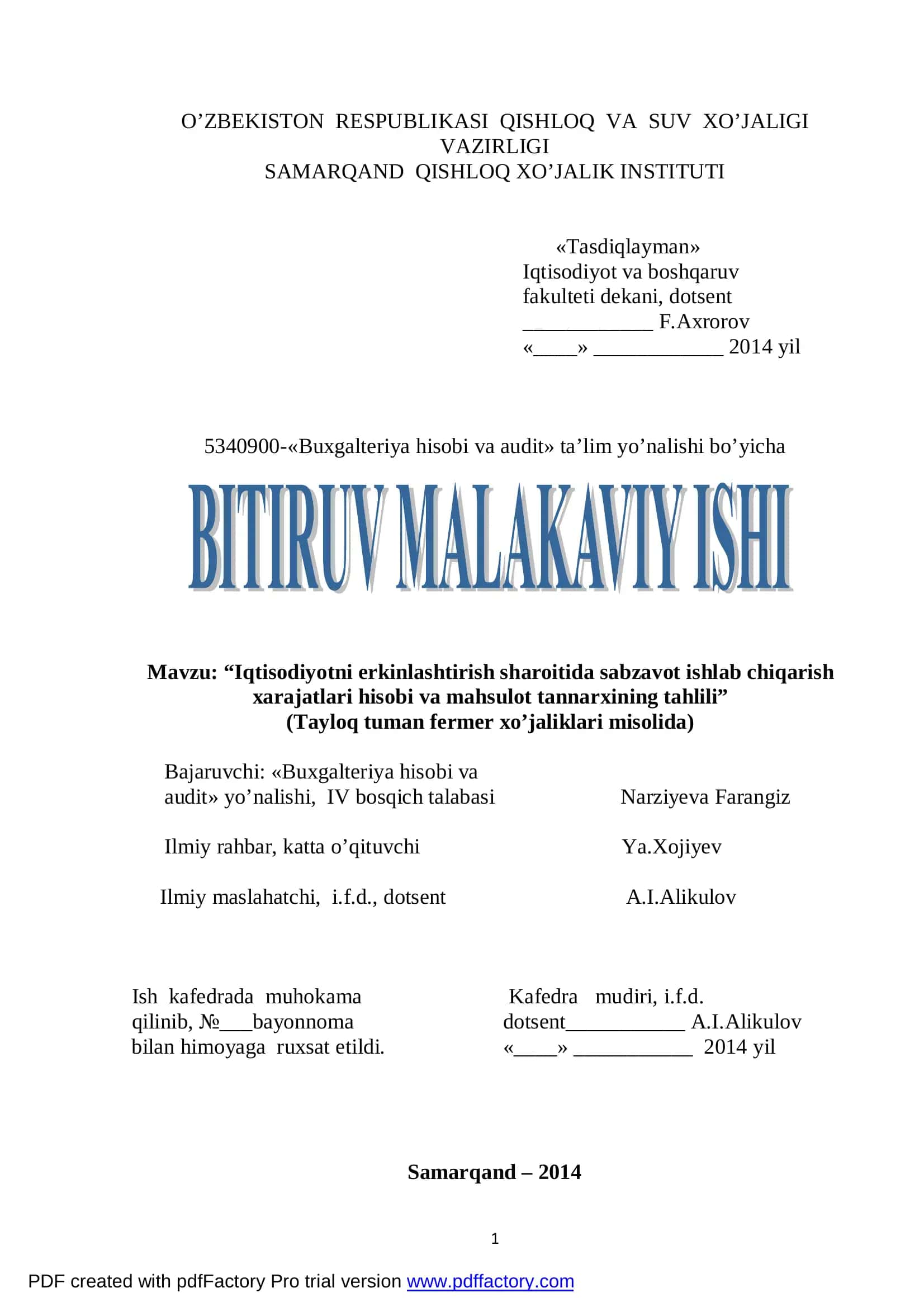 Sabzavot ishlab chiqarish xarajatlari hisobi va mahsulot tannarxining tahlili 1