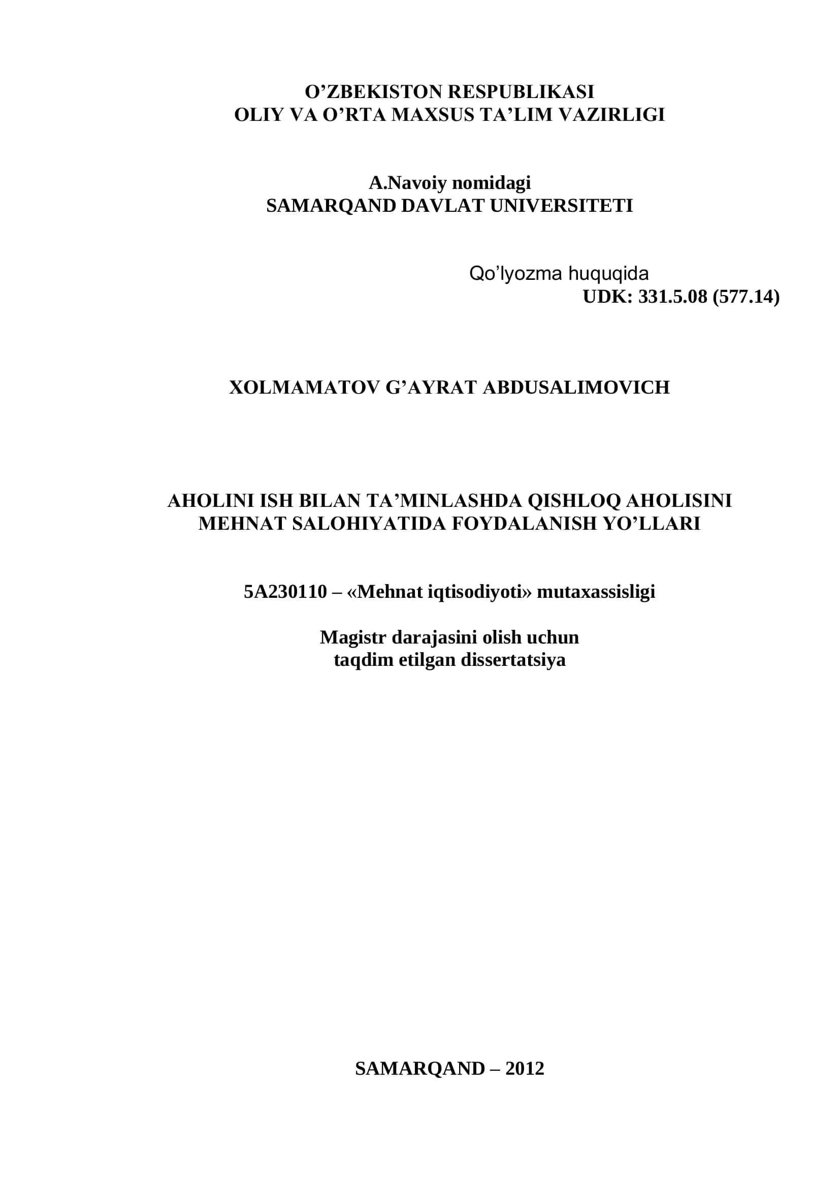 Qishloq aholisini mehnat salohiyatidan samarali foydalanish 1