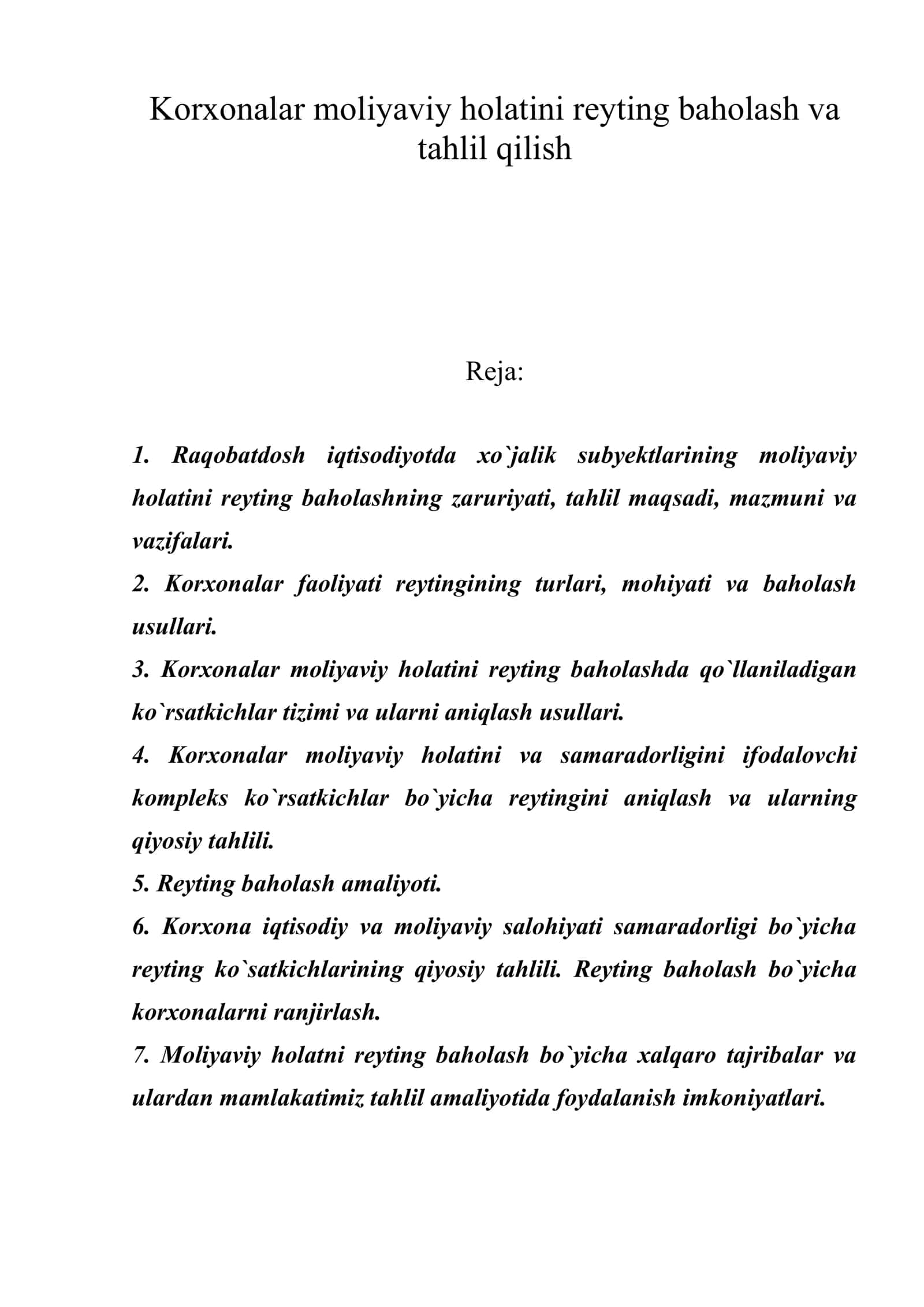 Korxonalar moliyaviy holatini reyting baholash va tahlil qilish 1