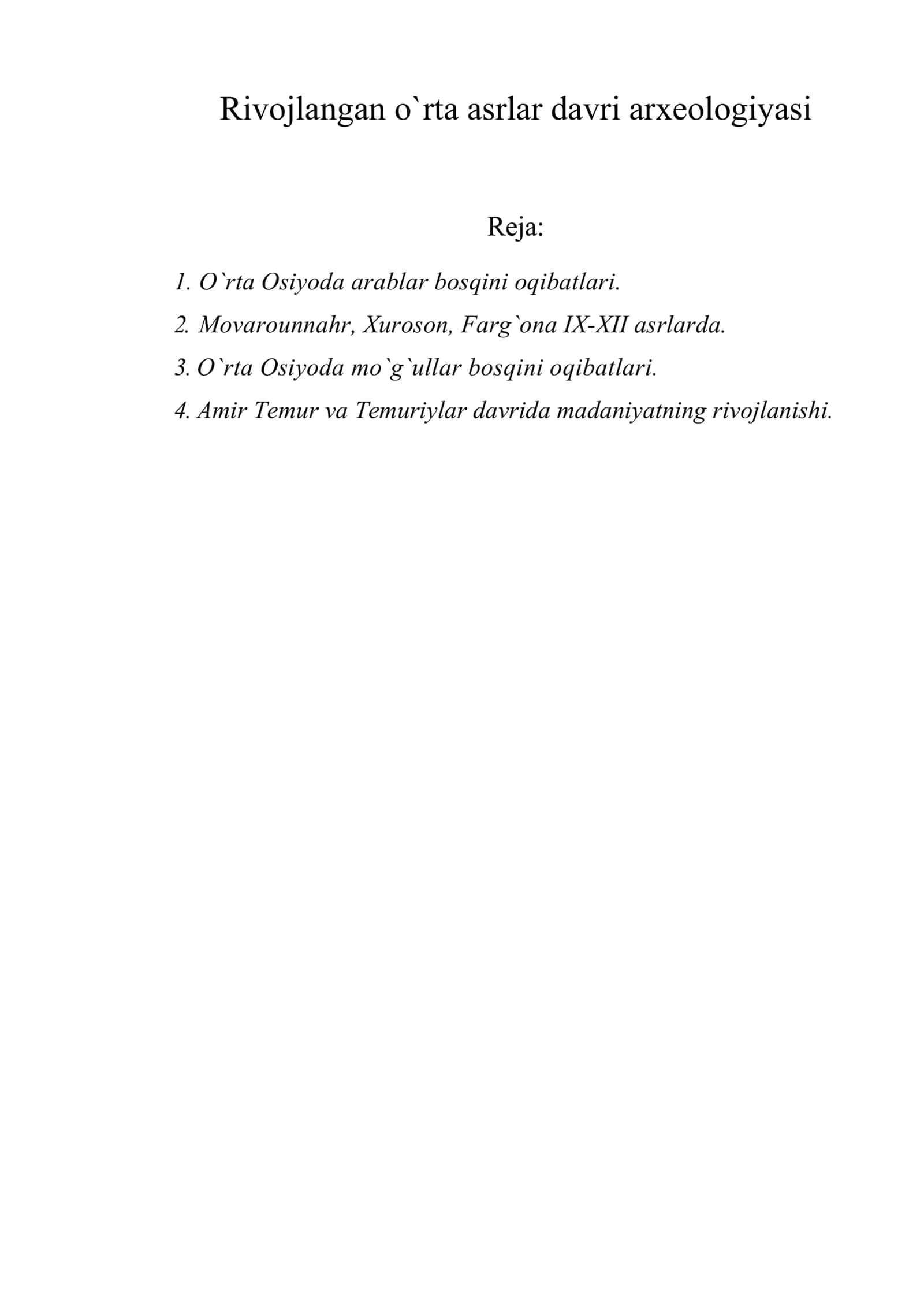 Rivojlangan o`rta asrlar davri arxeologiyasi 1