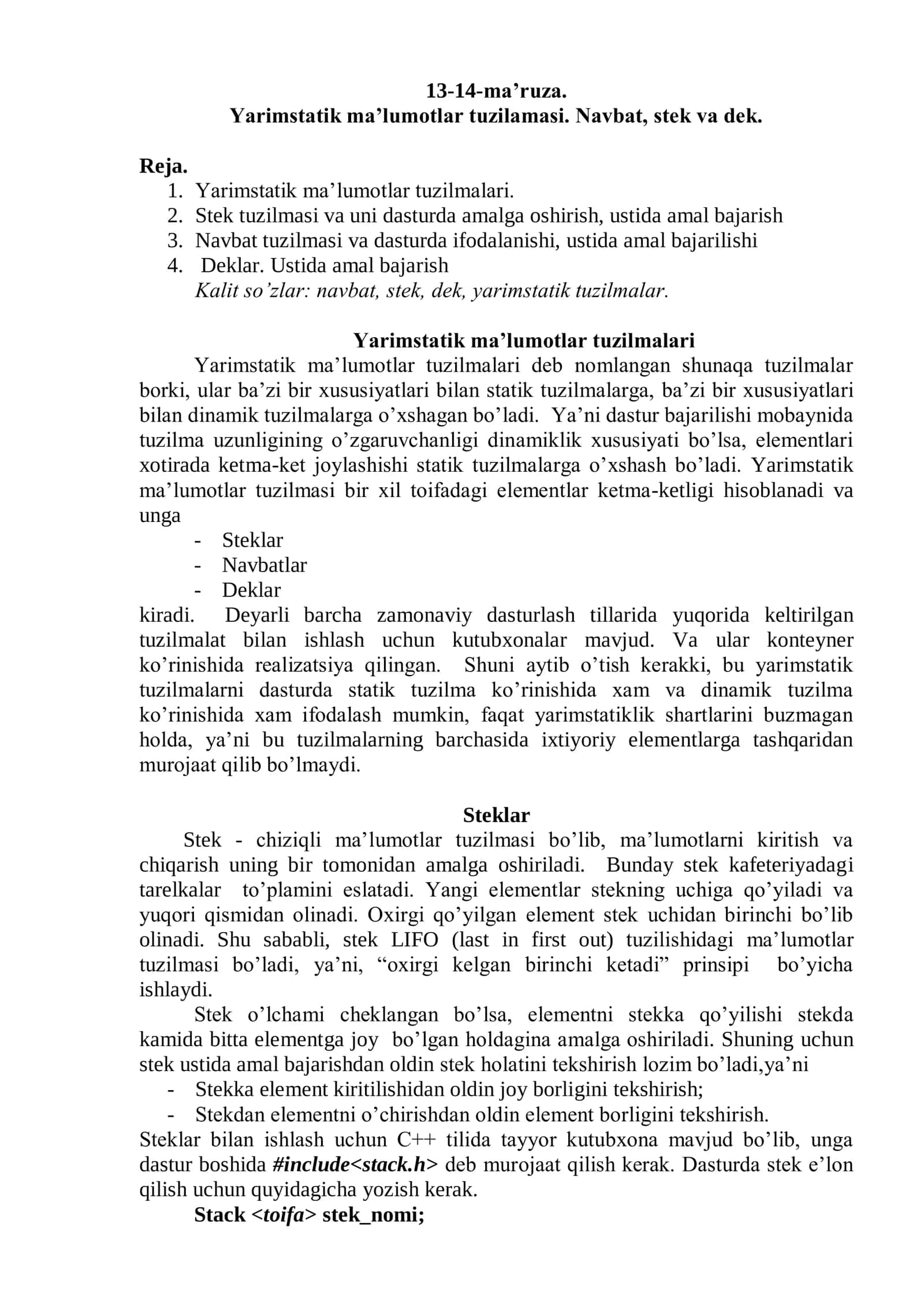 Yarimstatik ma’lumotlar tuzilamasi. Navbat, stek va dek 1