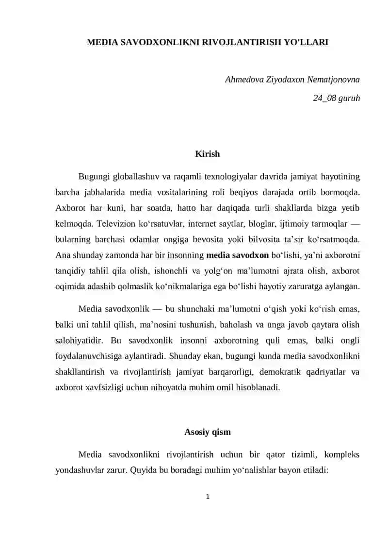 MEDIA SAVODXONLIKNI RIVOJLANTIRISH YO'LLARI