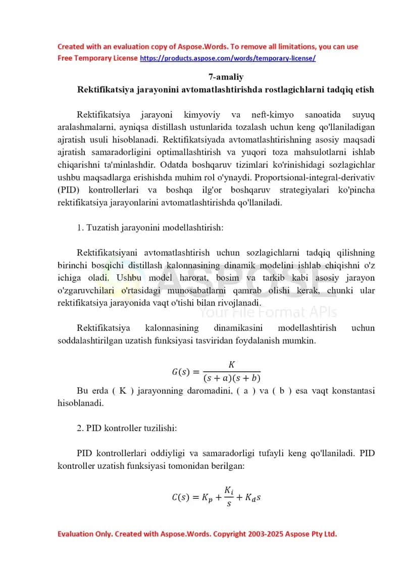 Rektifikatsiya jarayonini avtomatlashtirishda PID-rostlagichlarni tadqiq etish 1