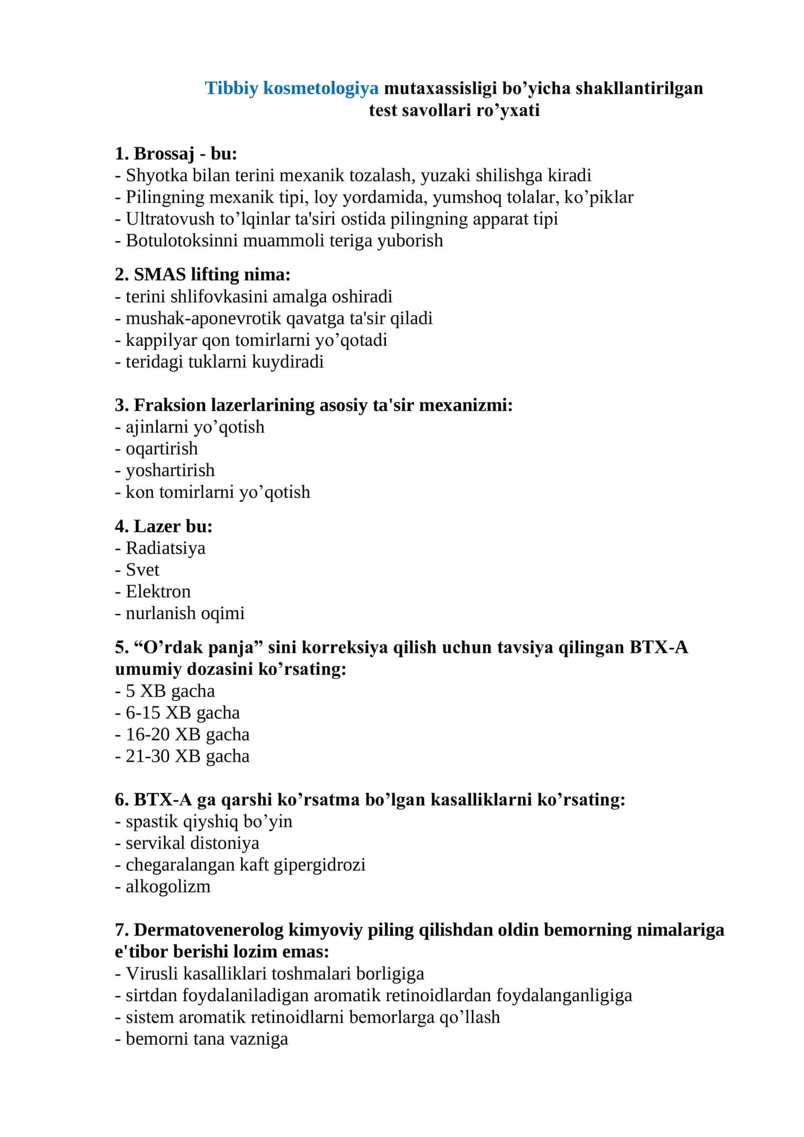 Tibbiy kosmetologiya mutaxassisligi test savollari 2026 1