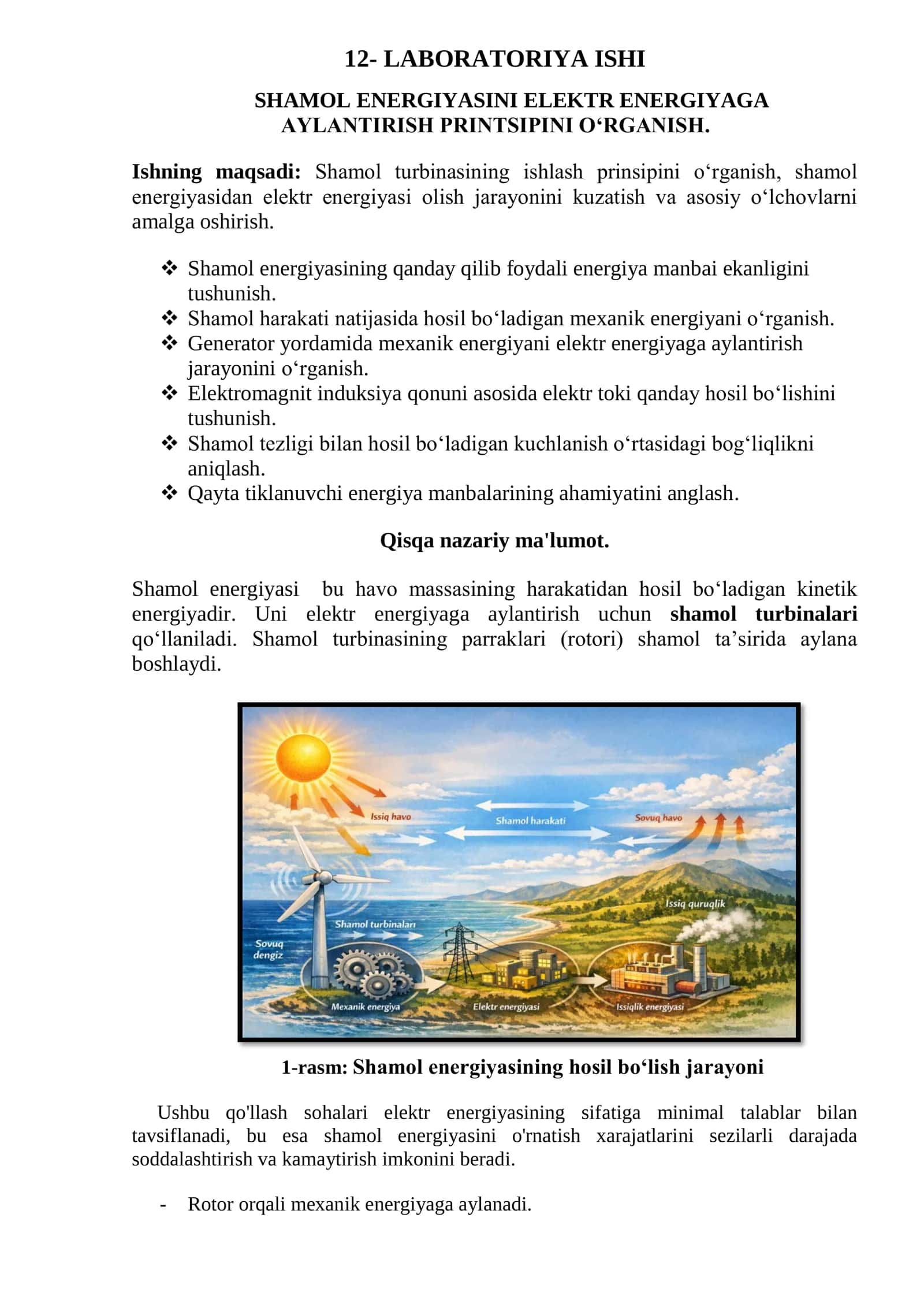 SHAMOL ENERGIYASINI ELEKTR ENERGIYAGA AYLANTIRISH PRINTSIPINI O‘RGANISH 1