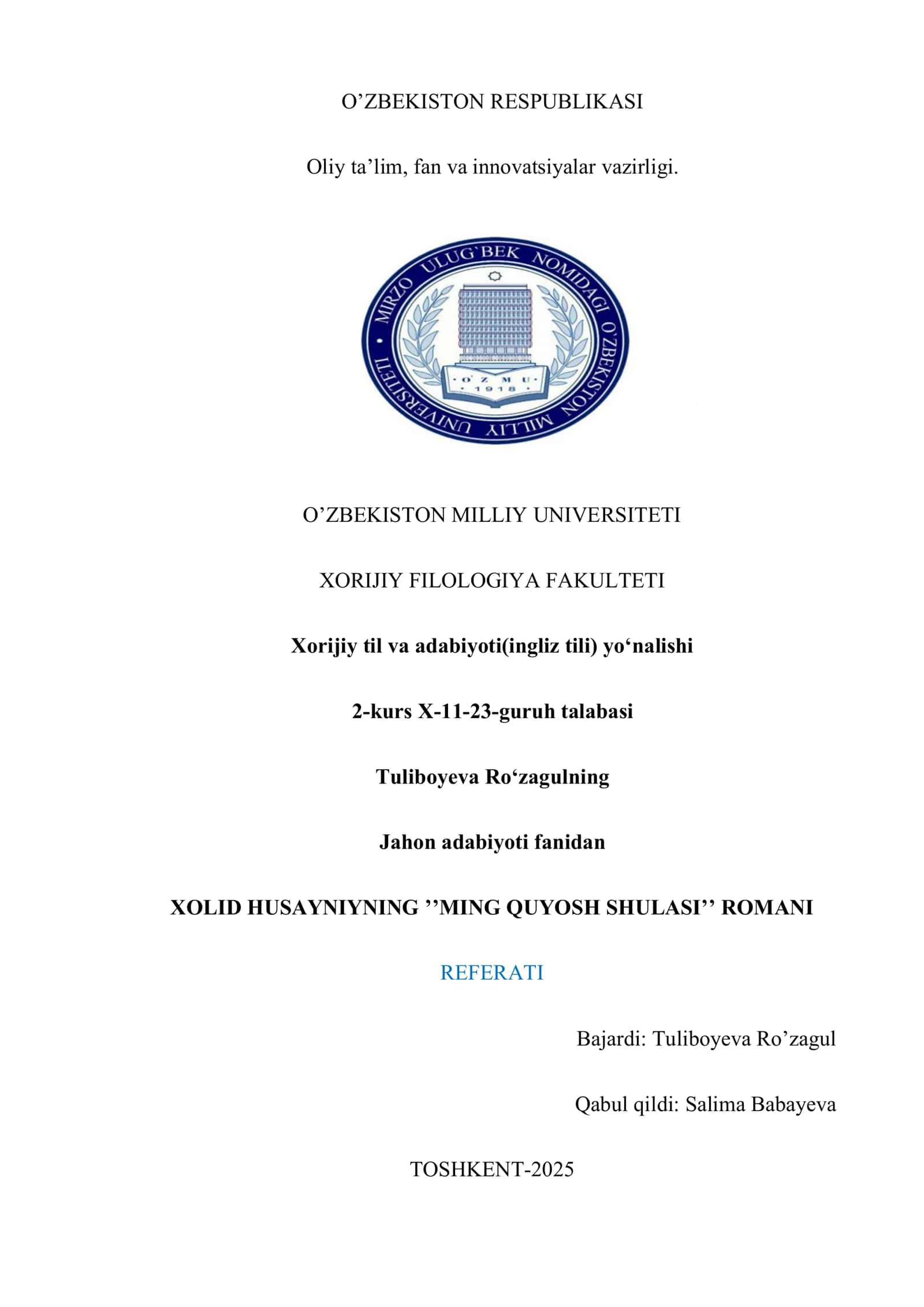 XOLID HUSAYNIYNING ’’MING QUYOSH SHULASI’’ ROMANI REFERATI 1