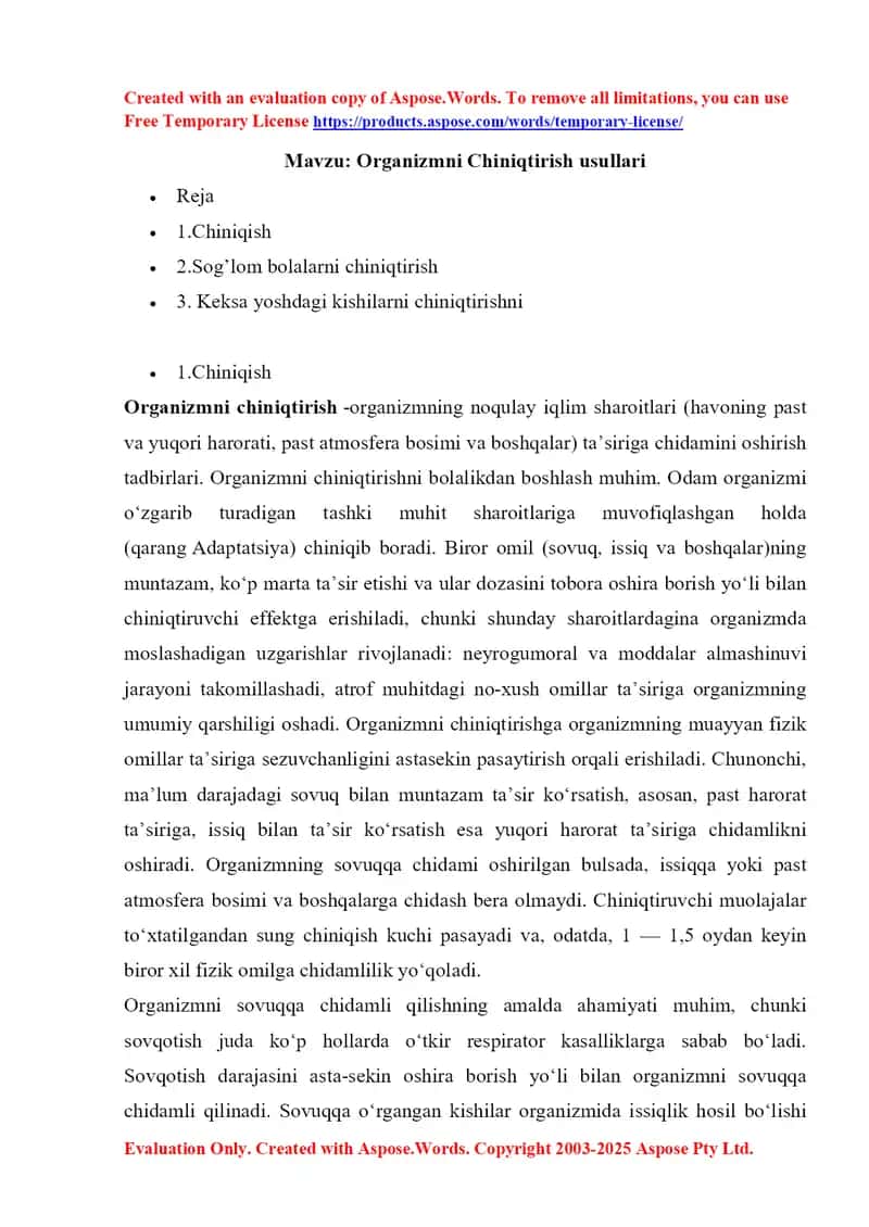 Organizmni Chiniqtirish usullari 1